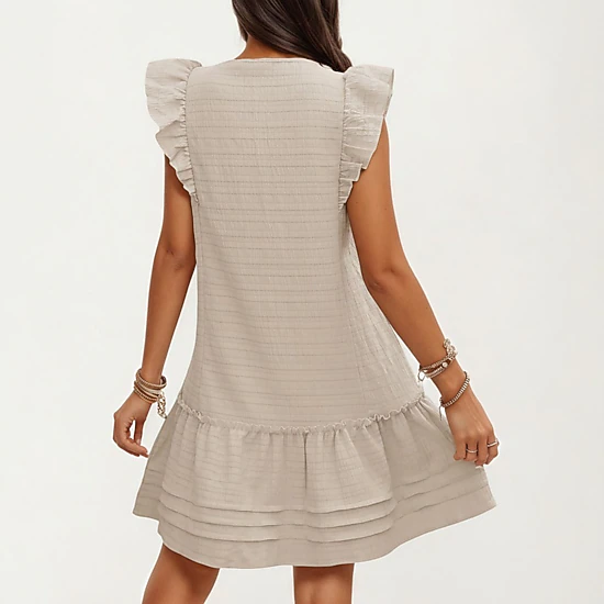 Anna-Kaci Women's Ruffle Tie Neck Detail Tiered Hem Mini Dress