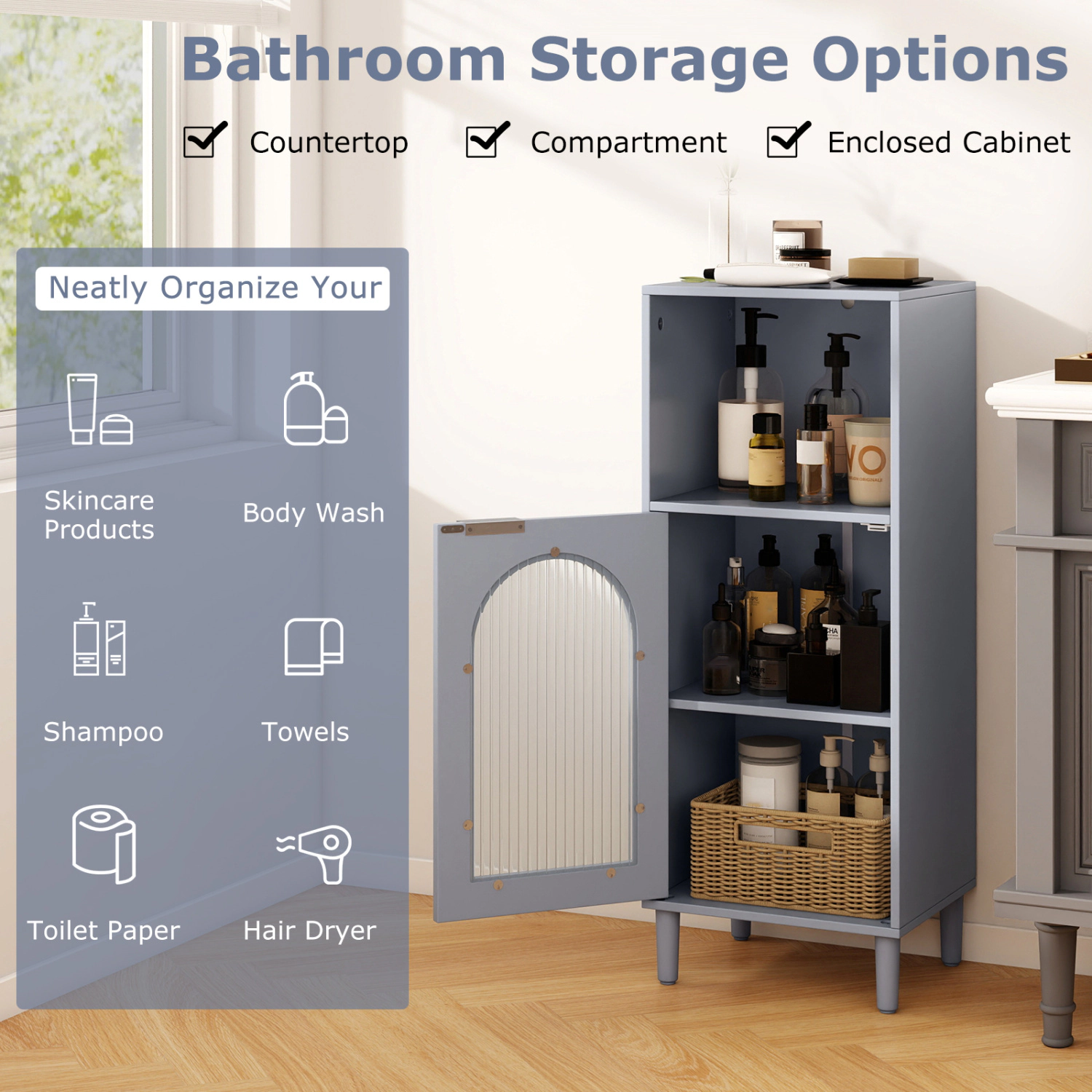 SlickBlue Bathroom Storage Cabinet with Glass Door and Shelf