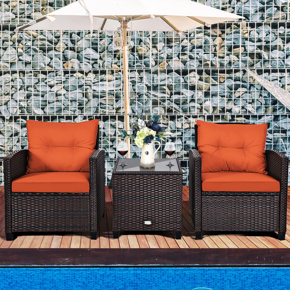 SUGIFT 3-Piece Rattan Patio Conversation Set with Washable Cushions 360-lb Chair Capacity Red Beige Turquoise