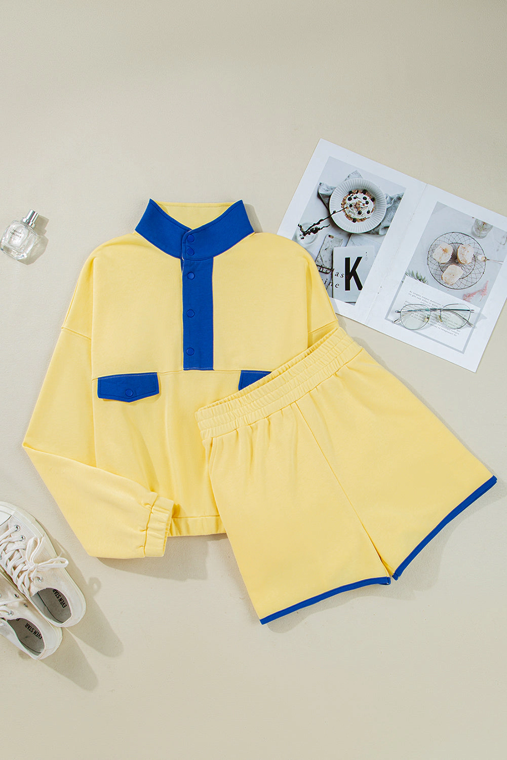Threaded Pear Women's Shelby Patchwork Half Button Pullover and Shorts Outfit