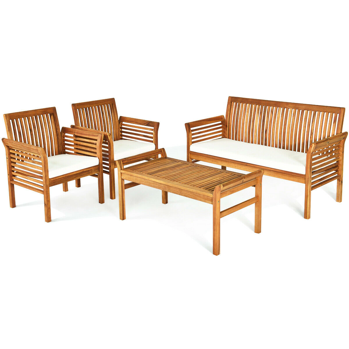SUGIFT Natural Loveseat and Coffee Table 4-Piece Outdoor Acacia Wood Sofa Set