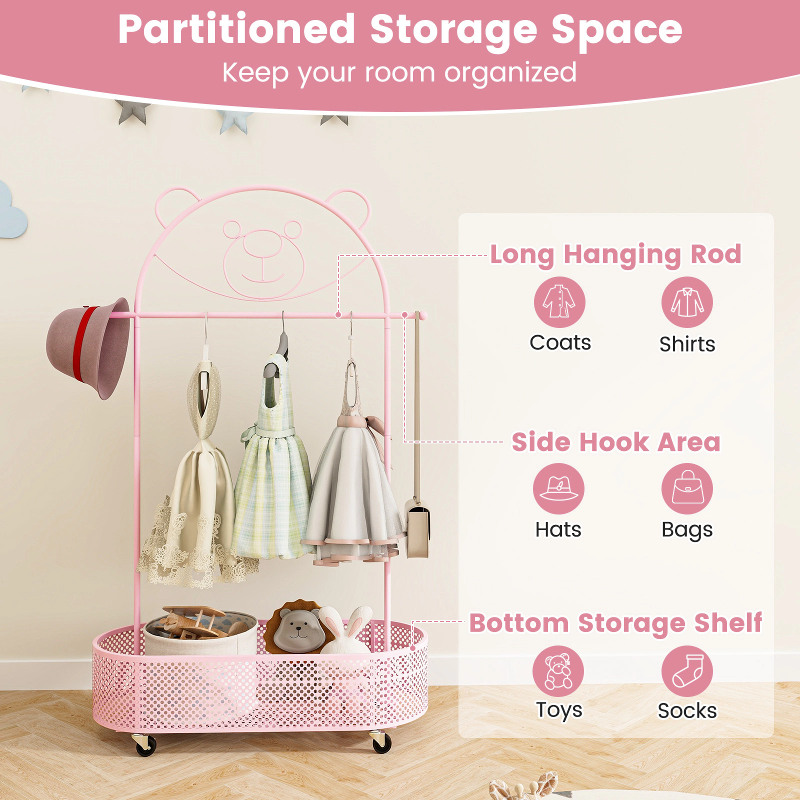 Hivvago Kid Clothes Rack with 3 Adjustable Heights and Wheels