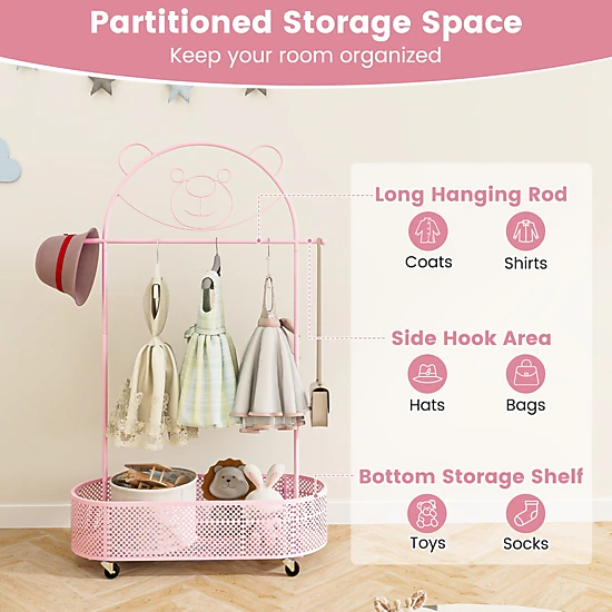 Hivvago Rolling Clothing Rack for Kids with Adjustable Height