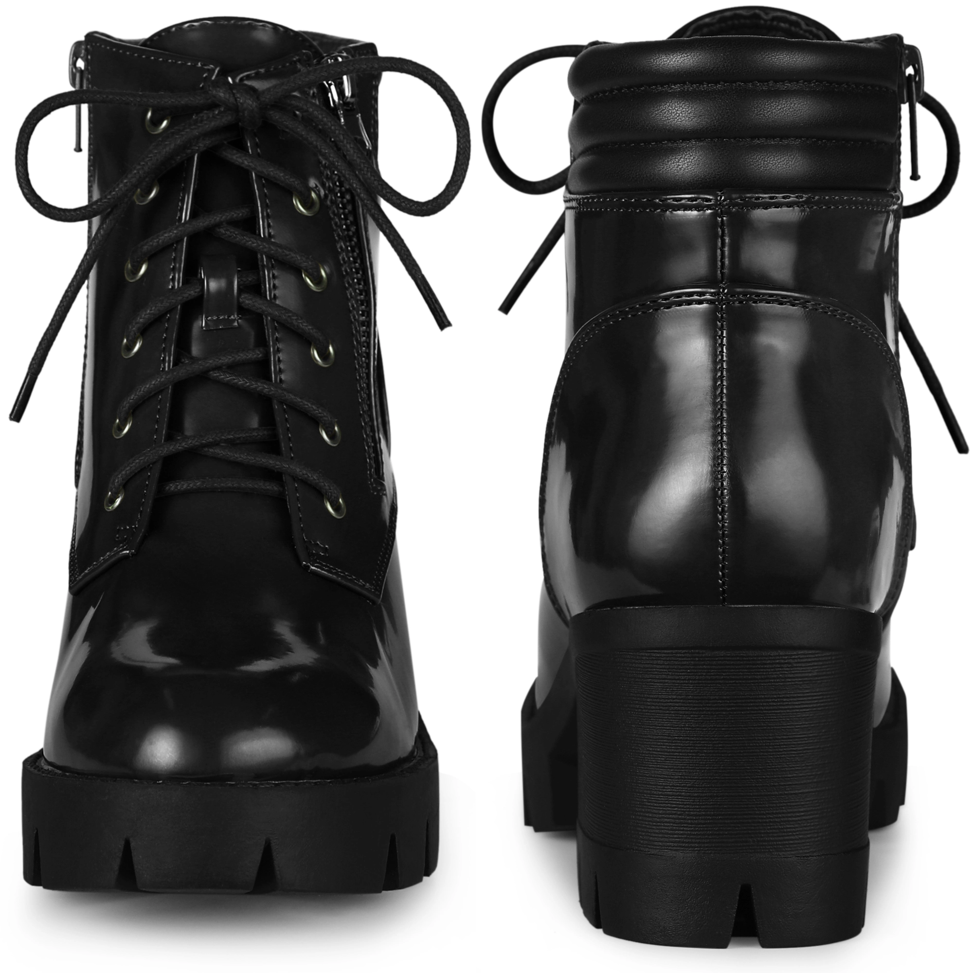 BLISSFUL STEP Women Faux Leather Platform Lace Up Chunky Heel Combat Ankle Boots
