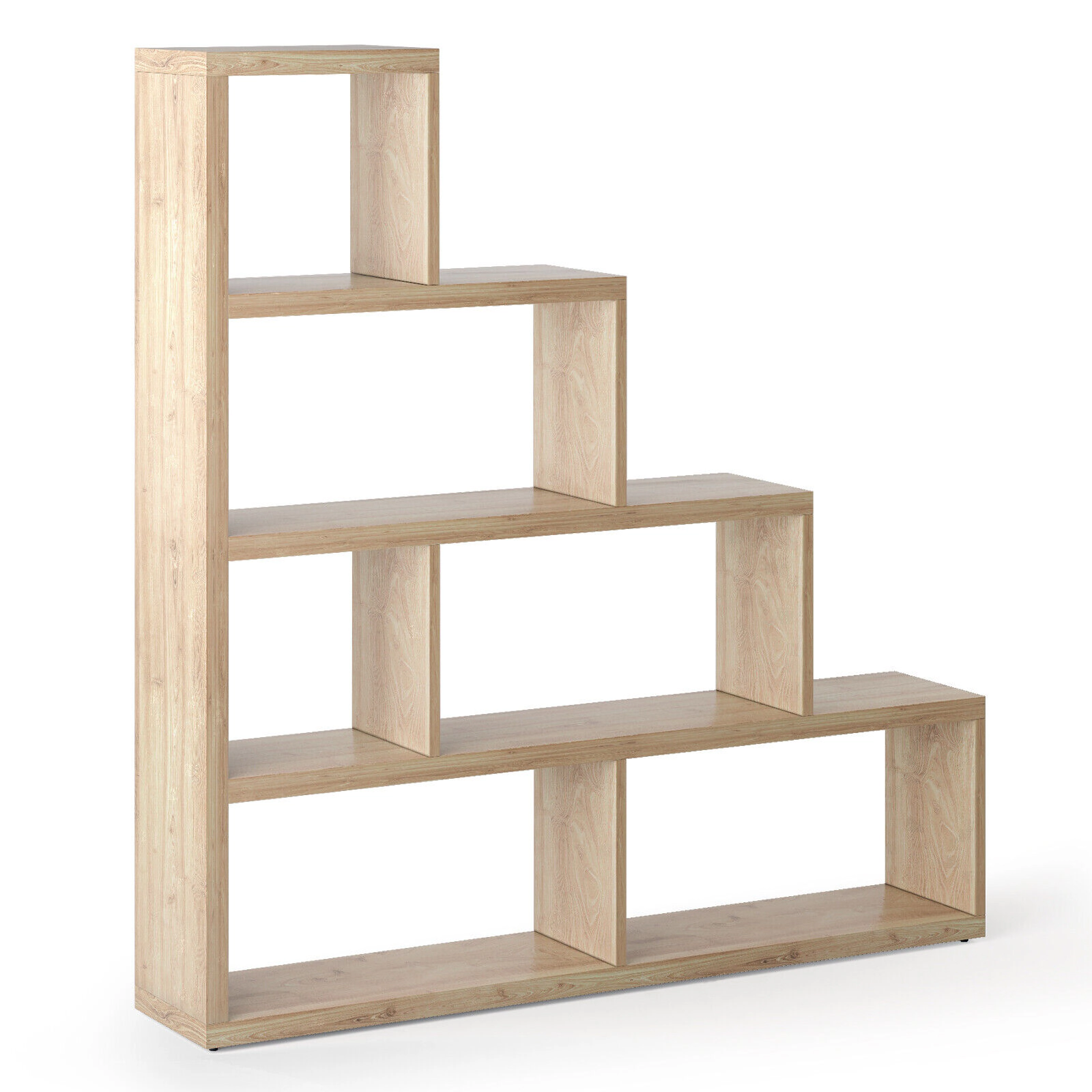 SUGIFT 4-Tier Geometric Stair Bookcase with 6 Open Cubes 400-lb Capacity Engineered Wood 60-in Tall Natural