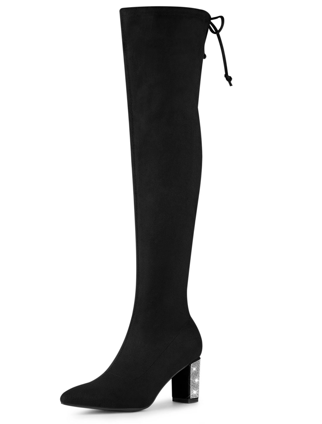 BLISSFUL STEP Women Bling Rhinestone Chunky Heels Over the Knee High Boots
