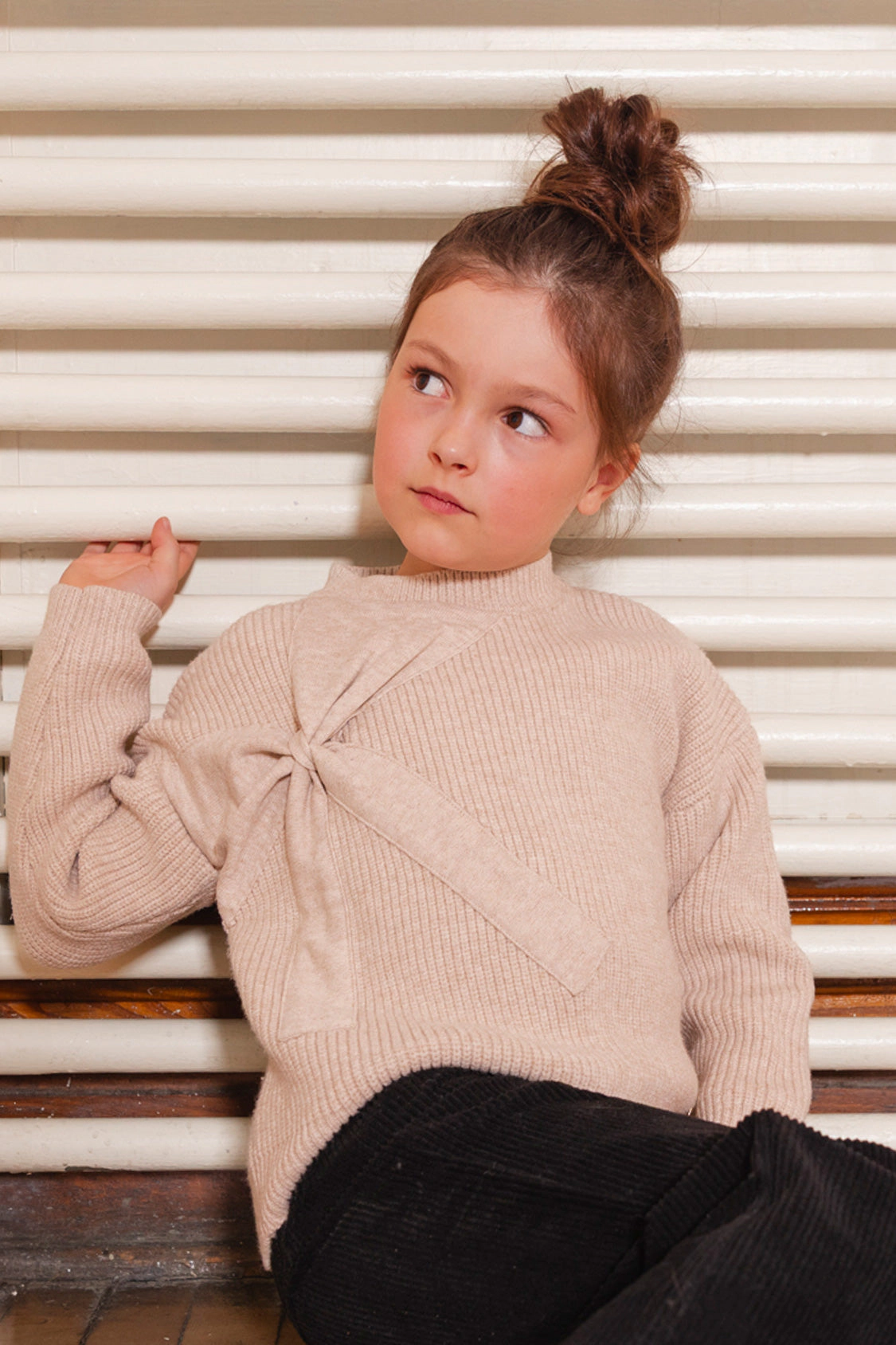 Deux par Girls Ribbed Knit Sweater with Dimensional Bow