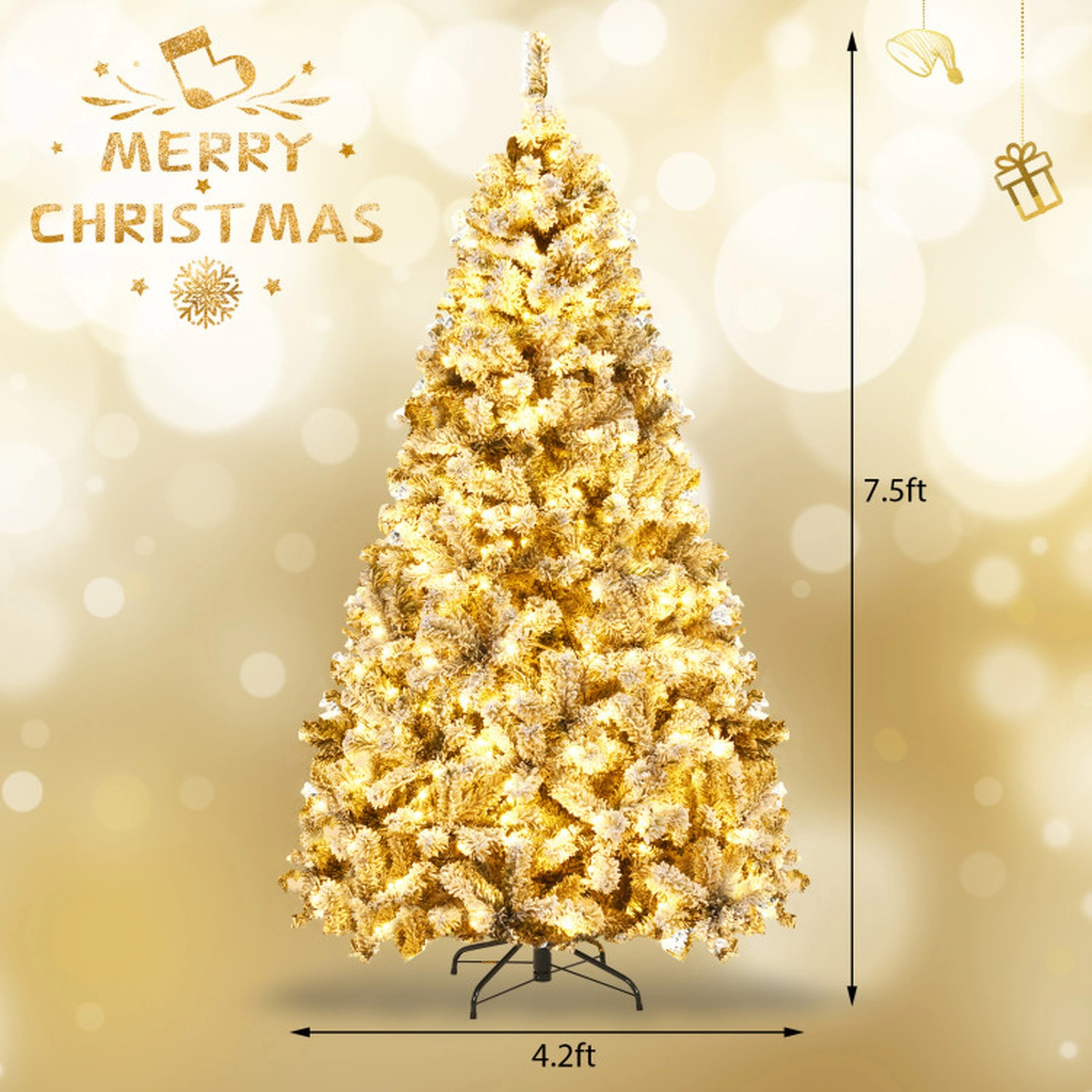 SUGIFT Pre-Lit Snow Flocked Hinged Artificial Christmas Tree 7.5-ft Tall 1010 Tips & 450 LED Lights with Metal Stand
