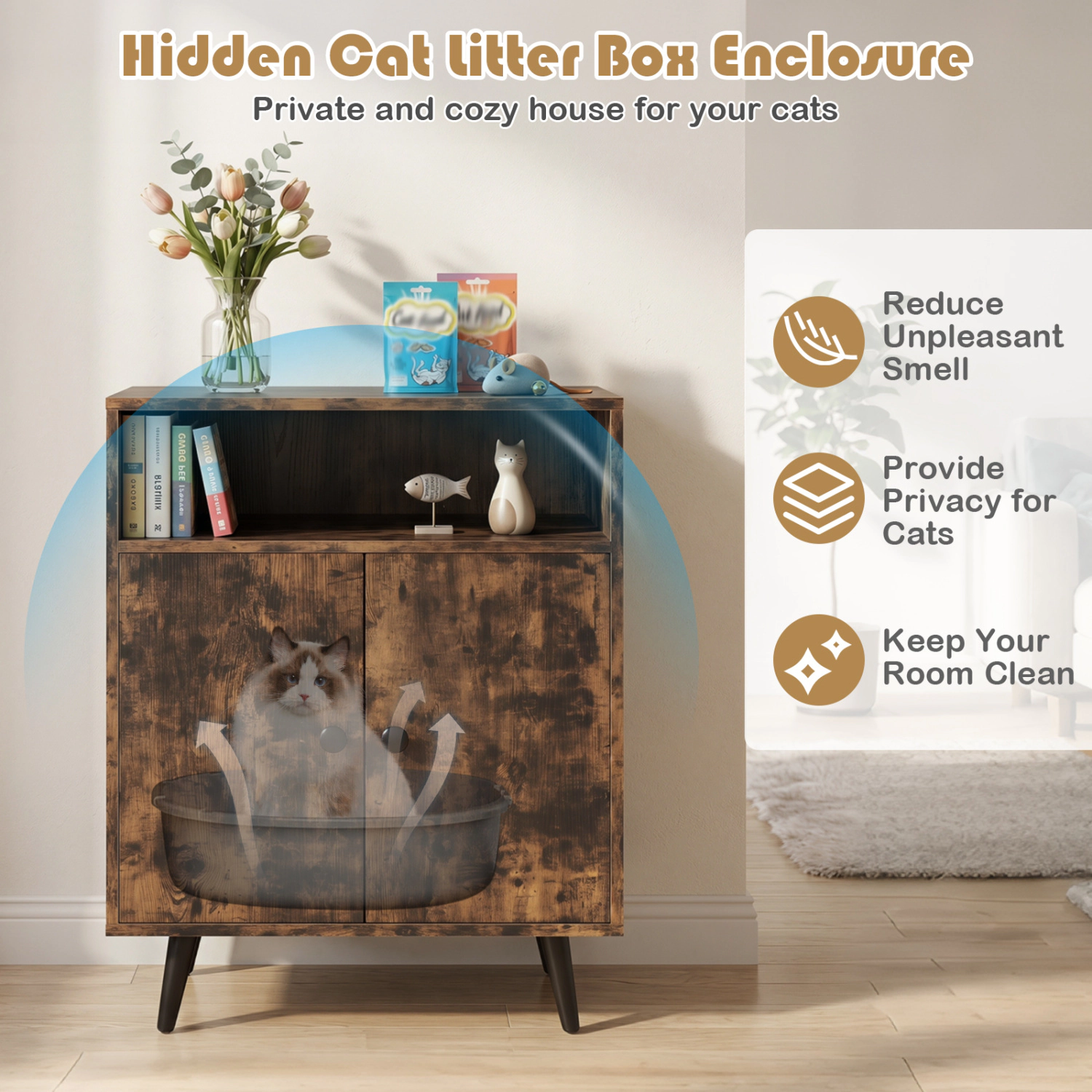 SUGIFT Brown Cat Litter Box Enclosure with Open Compartment 24-in W 18-in D 29.5-in H 110-lb Tabletop Capacity