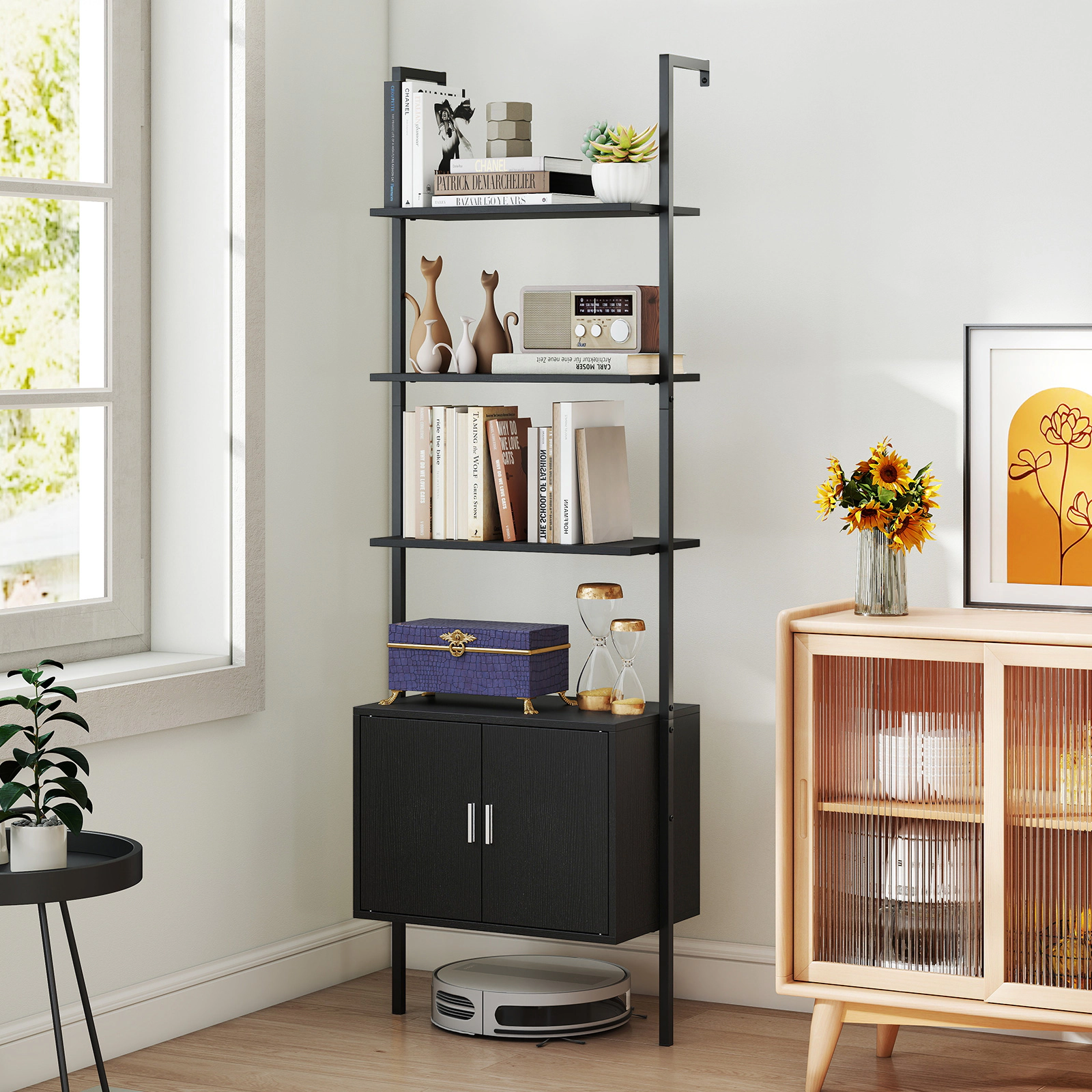 SUGIFT 5-Tier Black 72.5-in Tall Metal Frame Bookshelf with Cabinet Magnetic Doors and Anti-Tipping Kits
