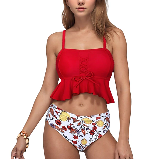 Anna-Kaci Women's Peplum Lace-Up Tankini Top and High Waist Floral Print Bikini Bottom 2-Piece Swimsuit
