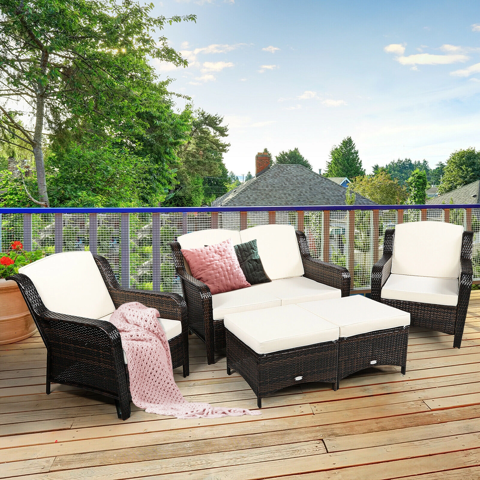 LJG 5 Pieces Patio Rattan Sofa Set with Cushion and Ottoman