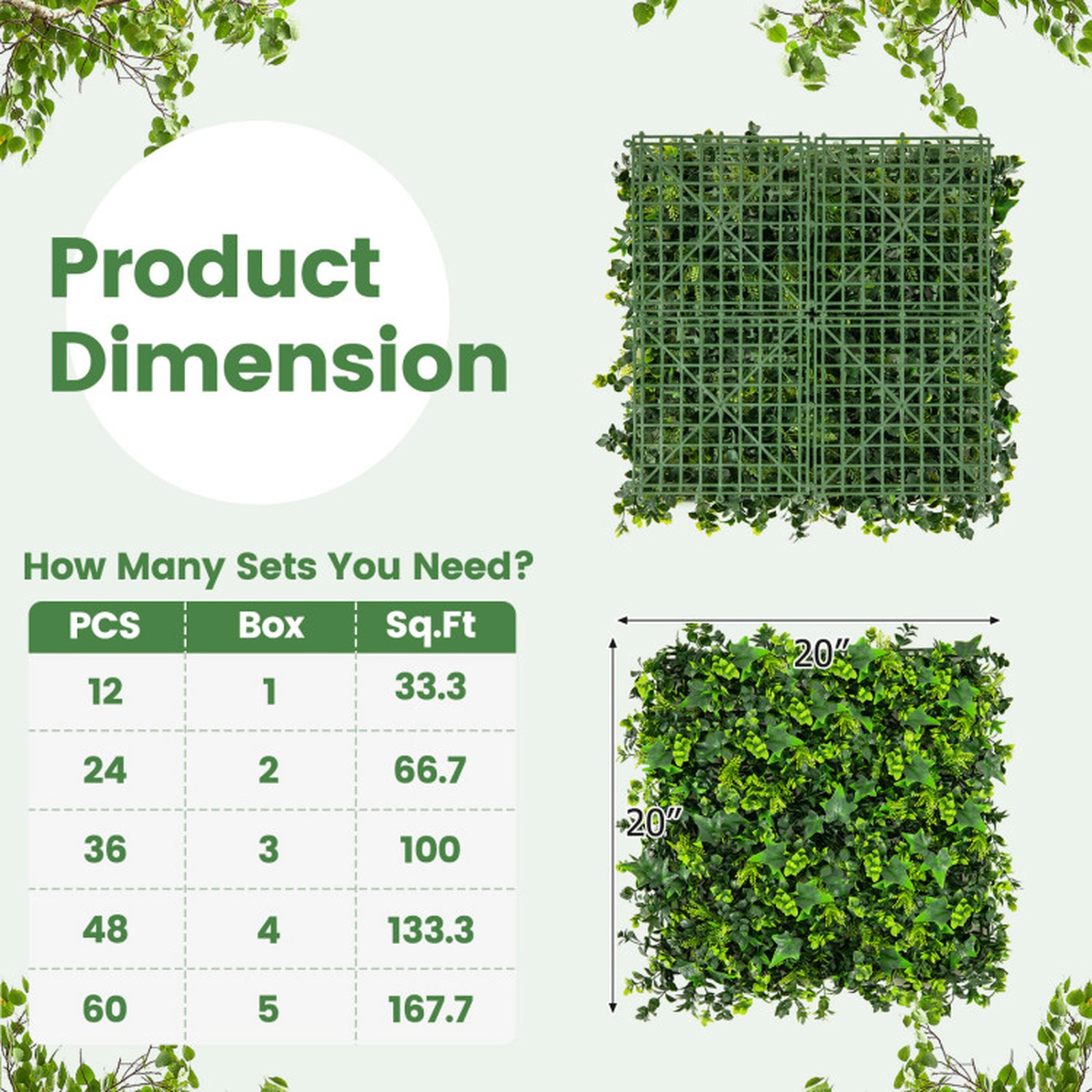SUGIFT 12-Pack 20-in x 20-in Interlocking Gradient Leaves Artificial Greenery Wall Panels 33 sq ft 17-lb Green
