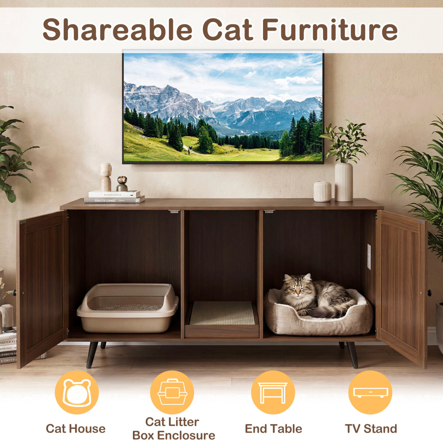 SUGIFT Double Cat Litter Box Enclosure for 2 Cats with Scratching Pad and Double Rooms 110-lb Tabletop Walnut