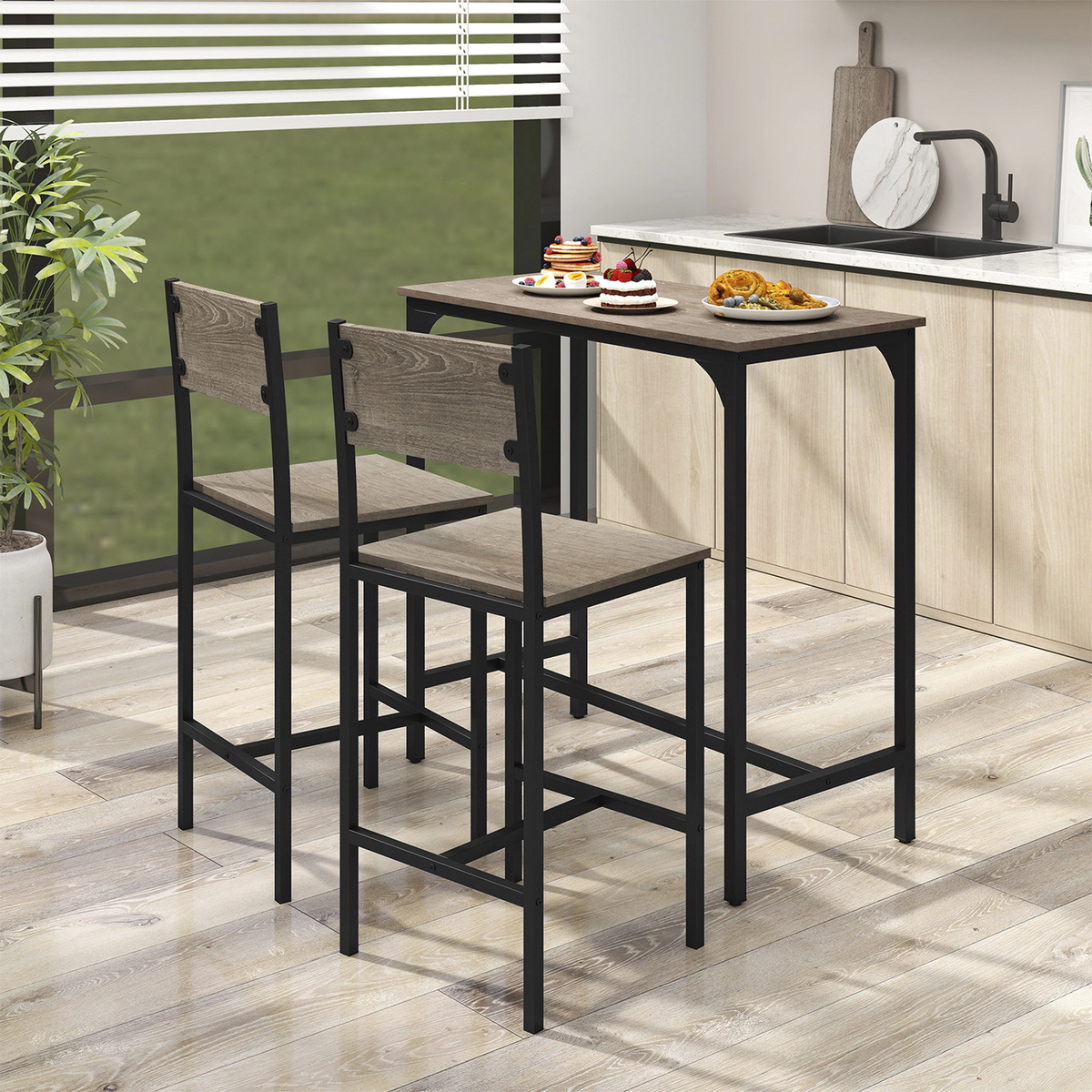 SUGIFT Gray Backrest Chairs and Footrests for Small Spaces 3-Piece Bar Table Set