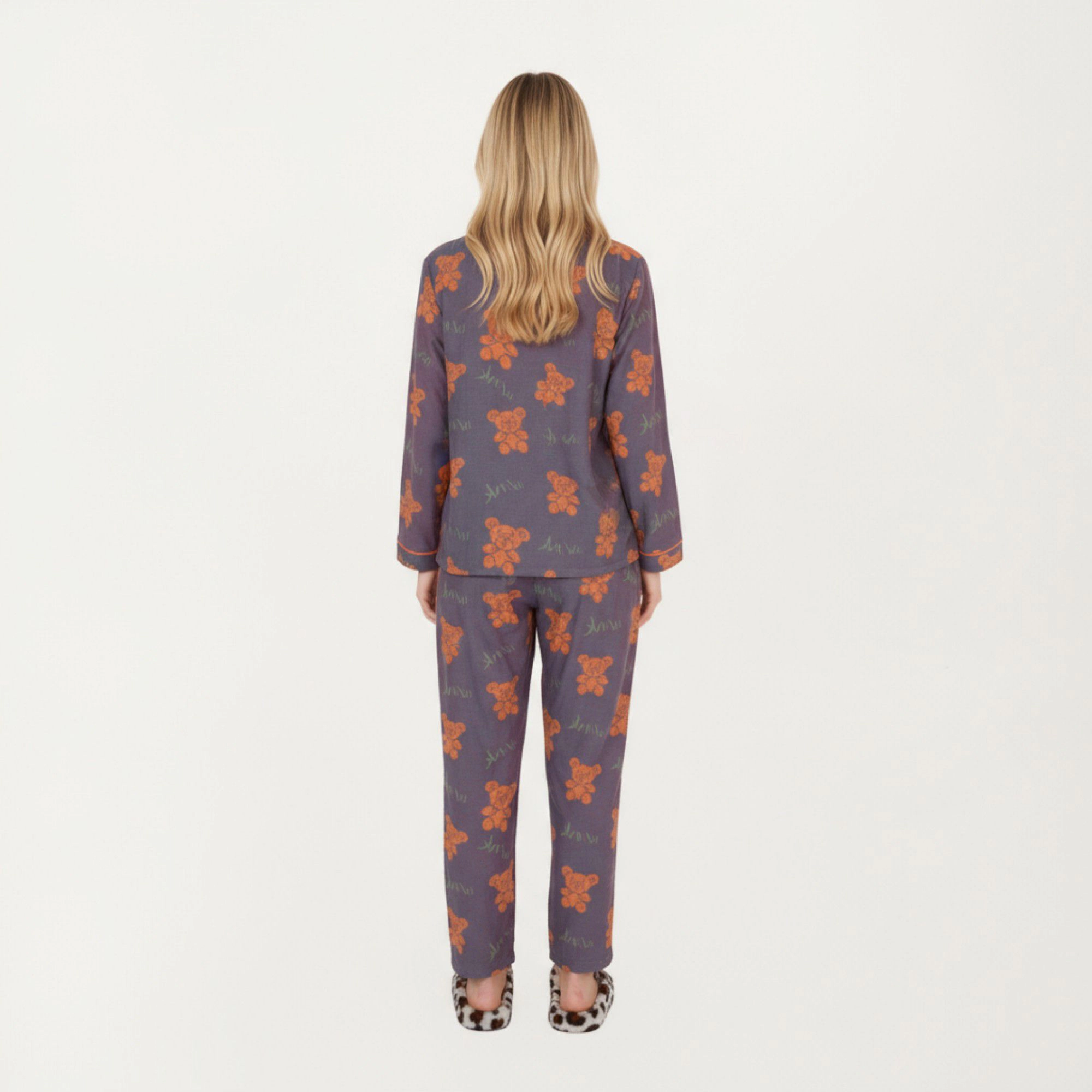 Anna-Kaci Women's 2-Piece Teddy Bear Print Button Up Long Sleeve Pajama Top and Relaxed Fit Pants