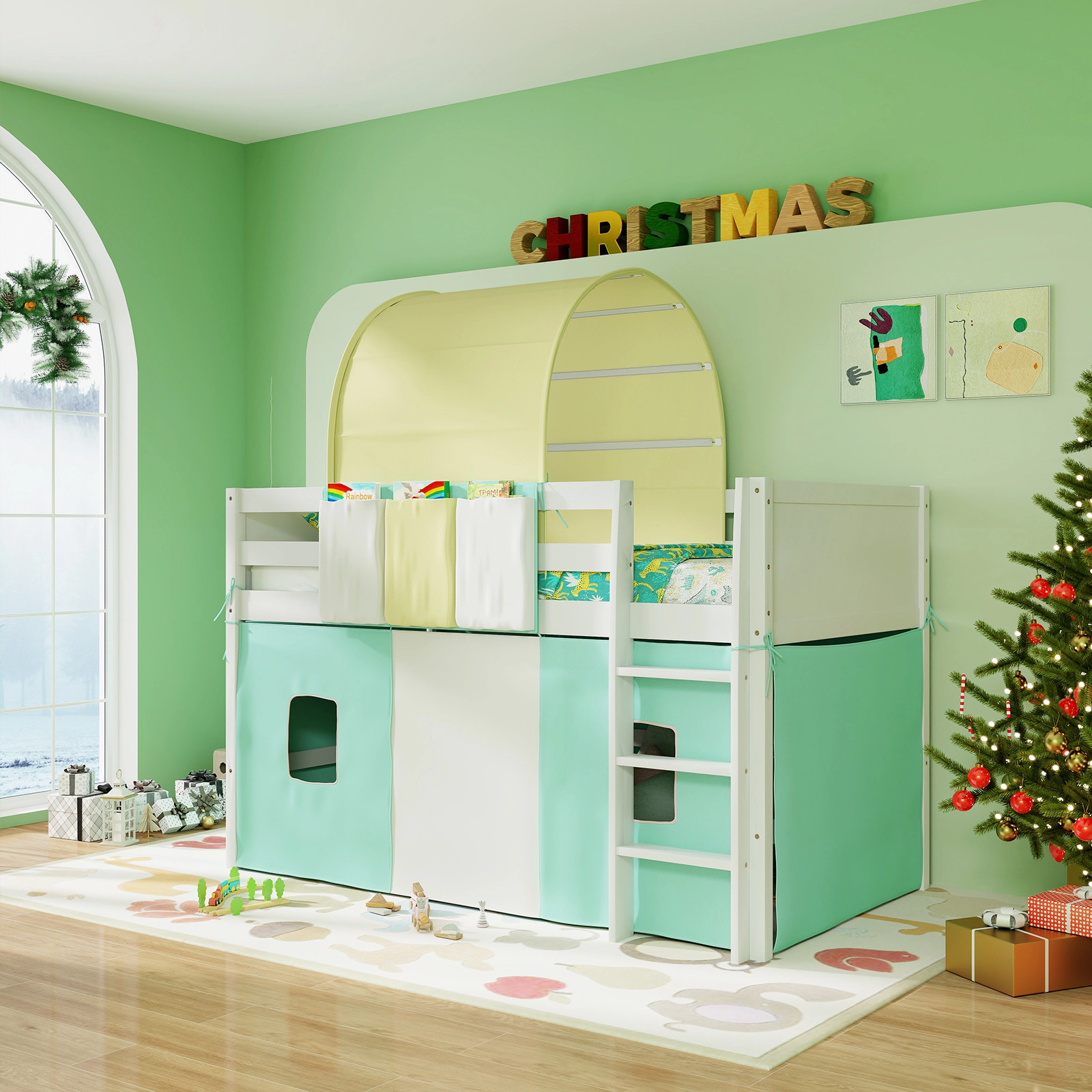 SUGIFT Twin Playhouse Loft Bed with Arched Tower Tent, Storage Pockets, 14-in Guardrails, Turquoise