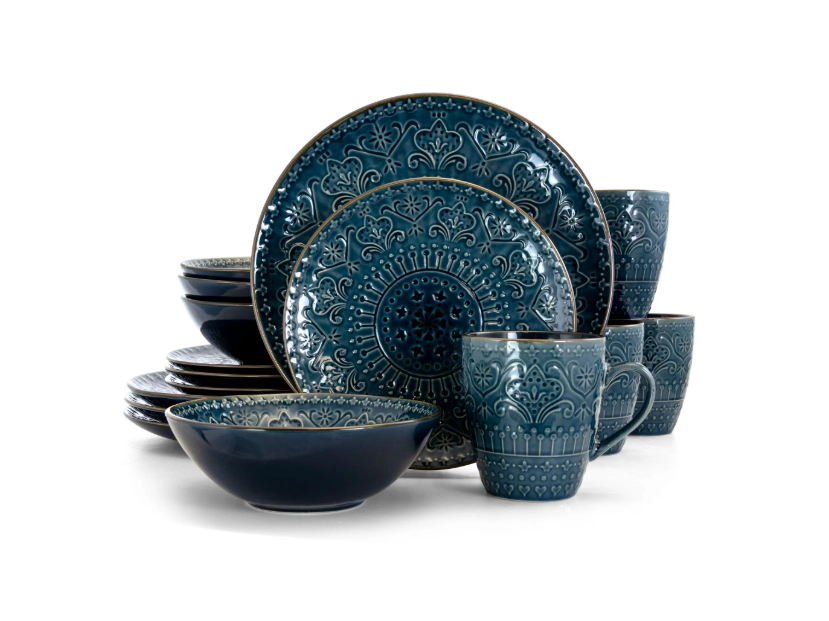 Elama Deepsea Mozaic Unisex 16 Piece Round Stoneware Dinnerware Set in Sea Blue