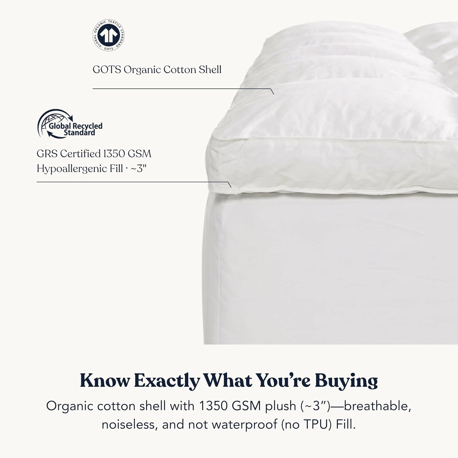 Delara Extra Plush Down Alternative Fill Mattress Pad, GOTS Organic Cotton, 1350 GSM Fill, 20 Inches Deep Pocket