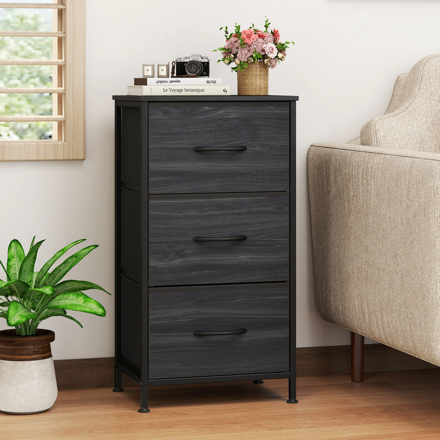 LJG Dresser Nightstand with Roomy Fabric Drawers for Bedroom Storage Cabinet Metal Frame
