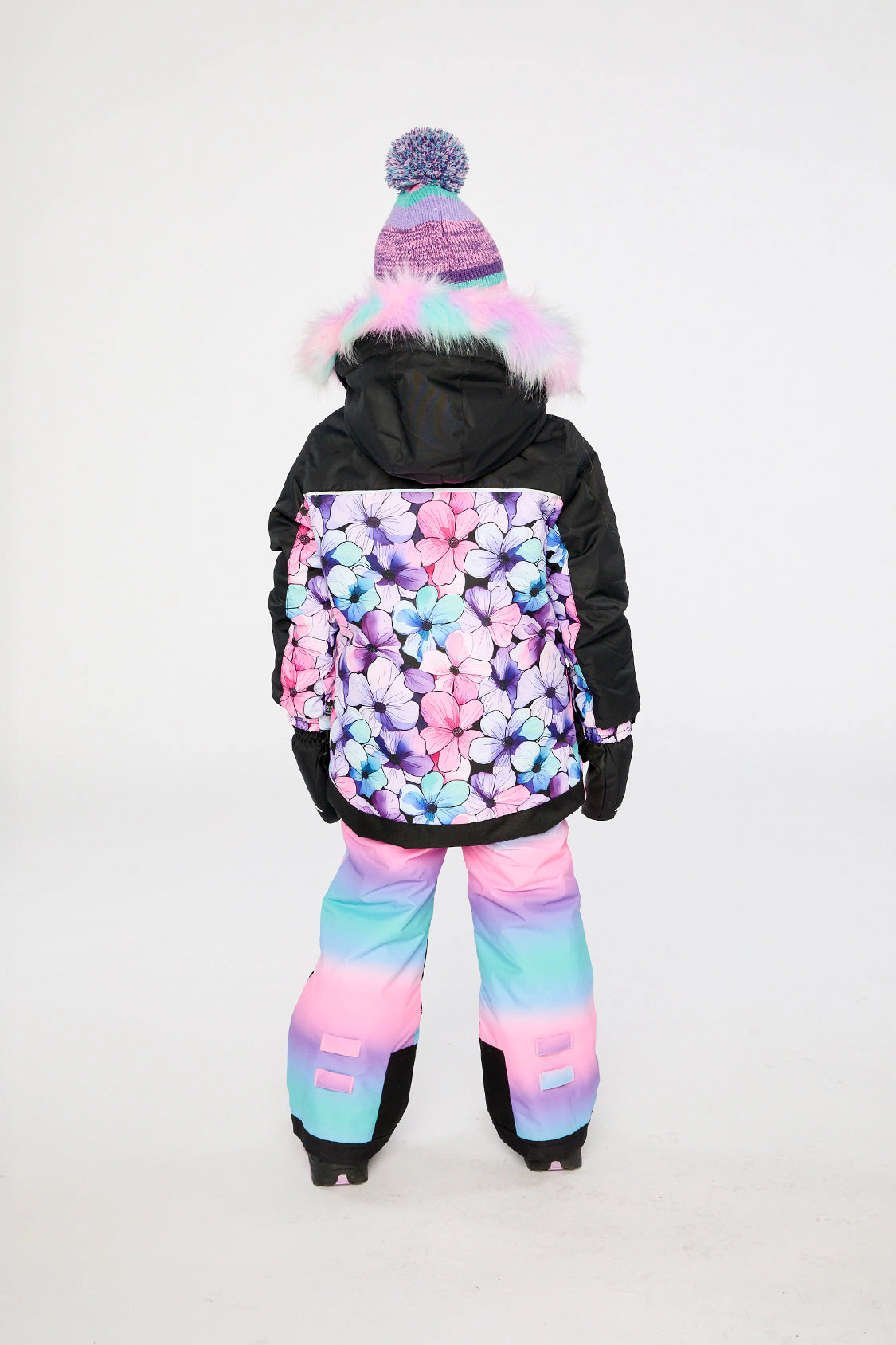 Deux par Girls Floral Print Two Piece Play Snowsuit with Hooded Jacket and Gradient Snow Pants