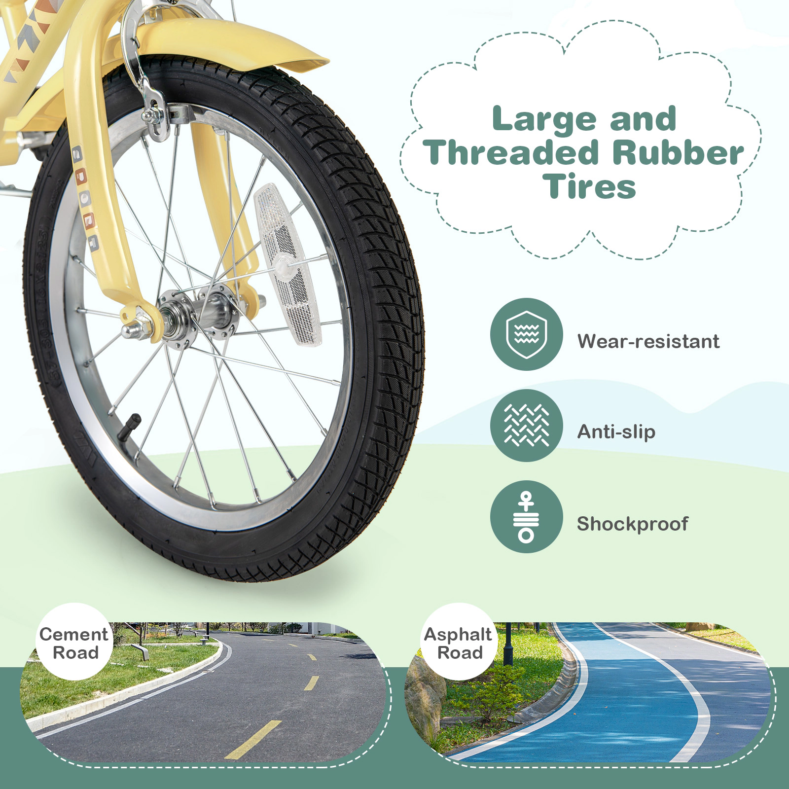 16-in Kids Bike Training Wheels Adjustable Seat Handbrake Coaster Brake Bicycle Basket Bell Reflectors Ages 4-7 Yellow