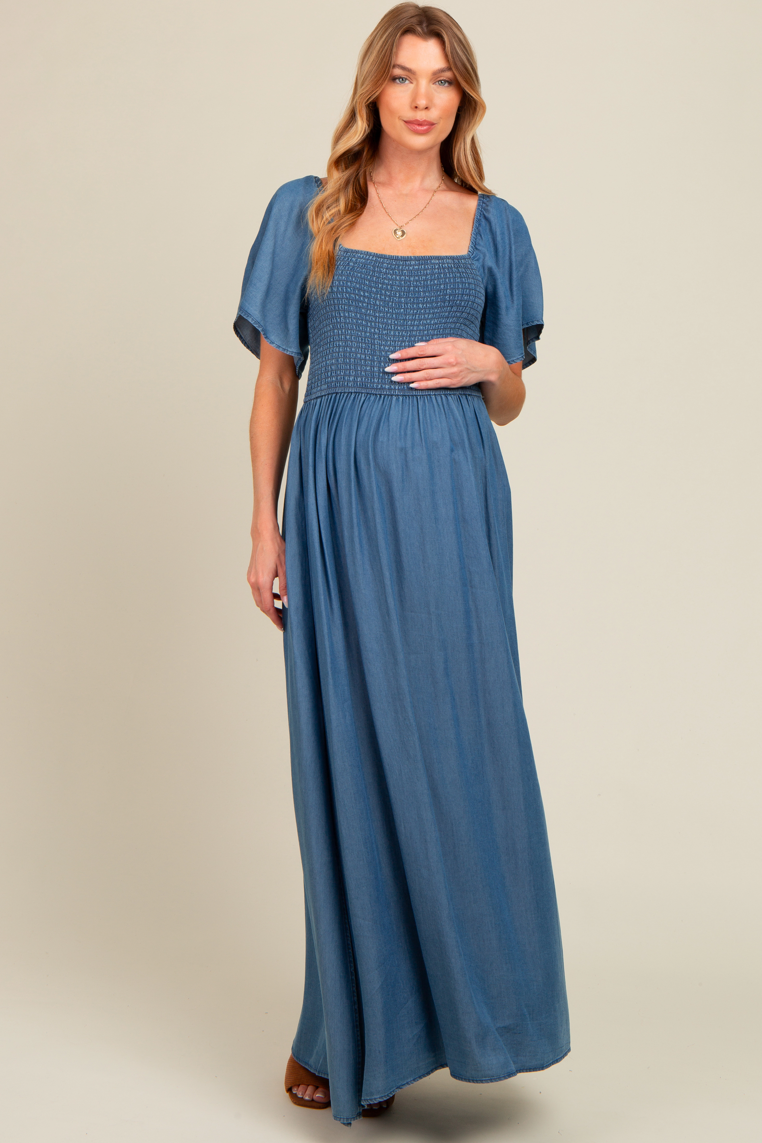 PinkBlush Womens Blue Chambray Smocked Maternity Maxi Dress