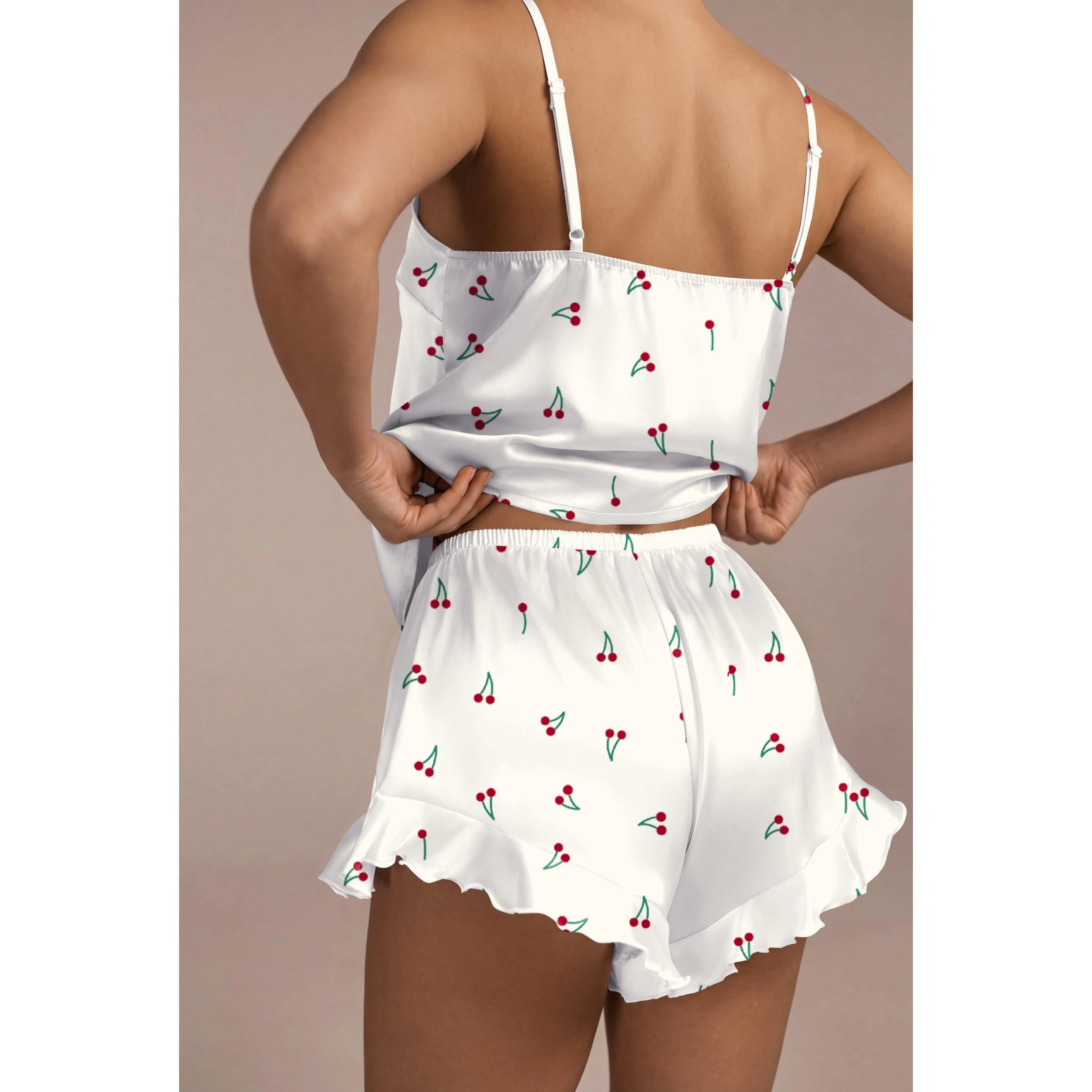 Ekouaer Womens Bow Tie Front Silk Pajamas Sets Cami Lingerie Pjs Ruffle Sleepwear