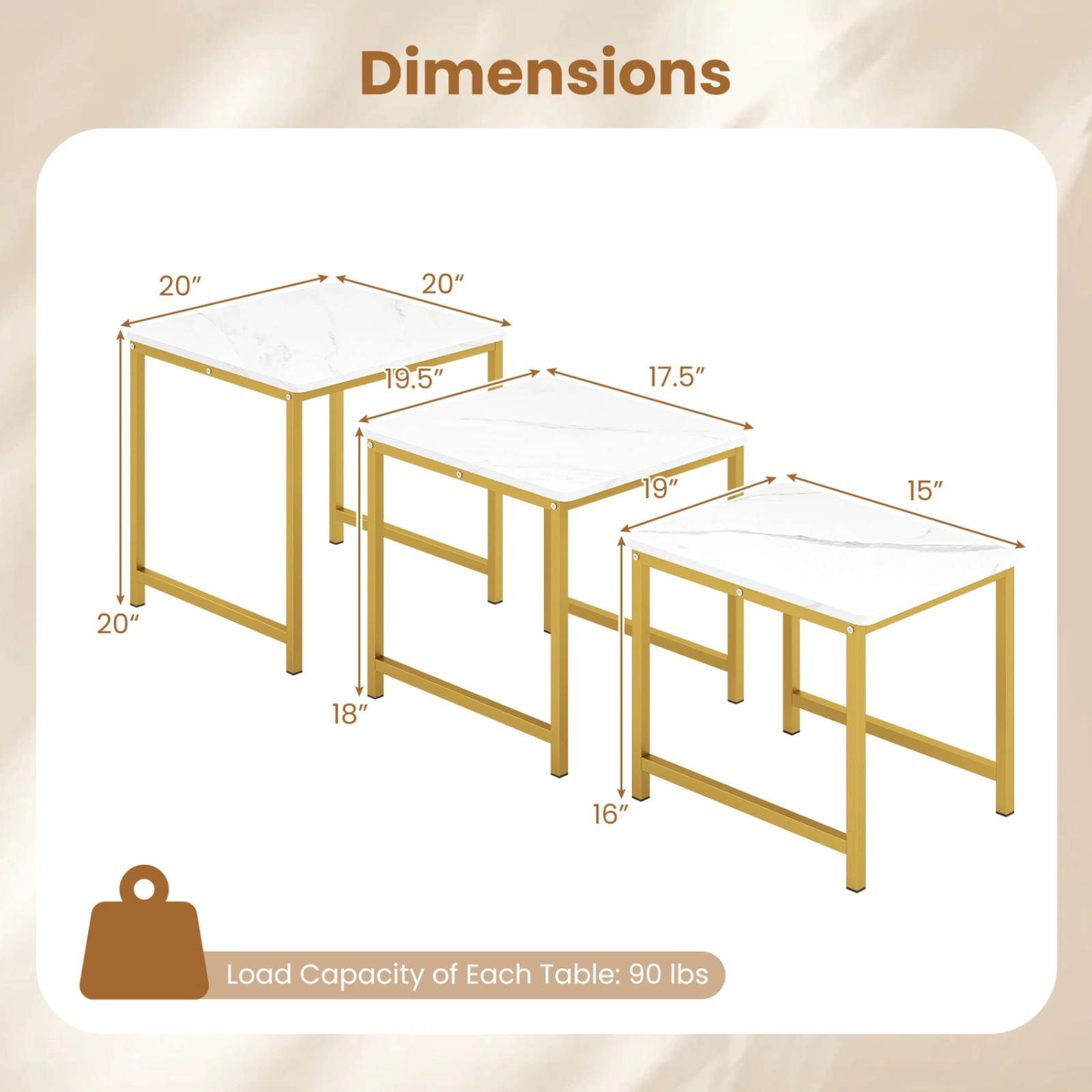 SUGIFT Faux Marble Nesting Accent Tables with Metal Frame Set of 3 90-lb Capacity White & Golden