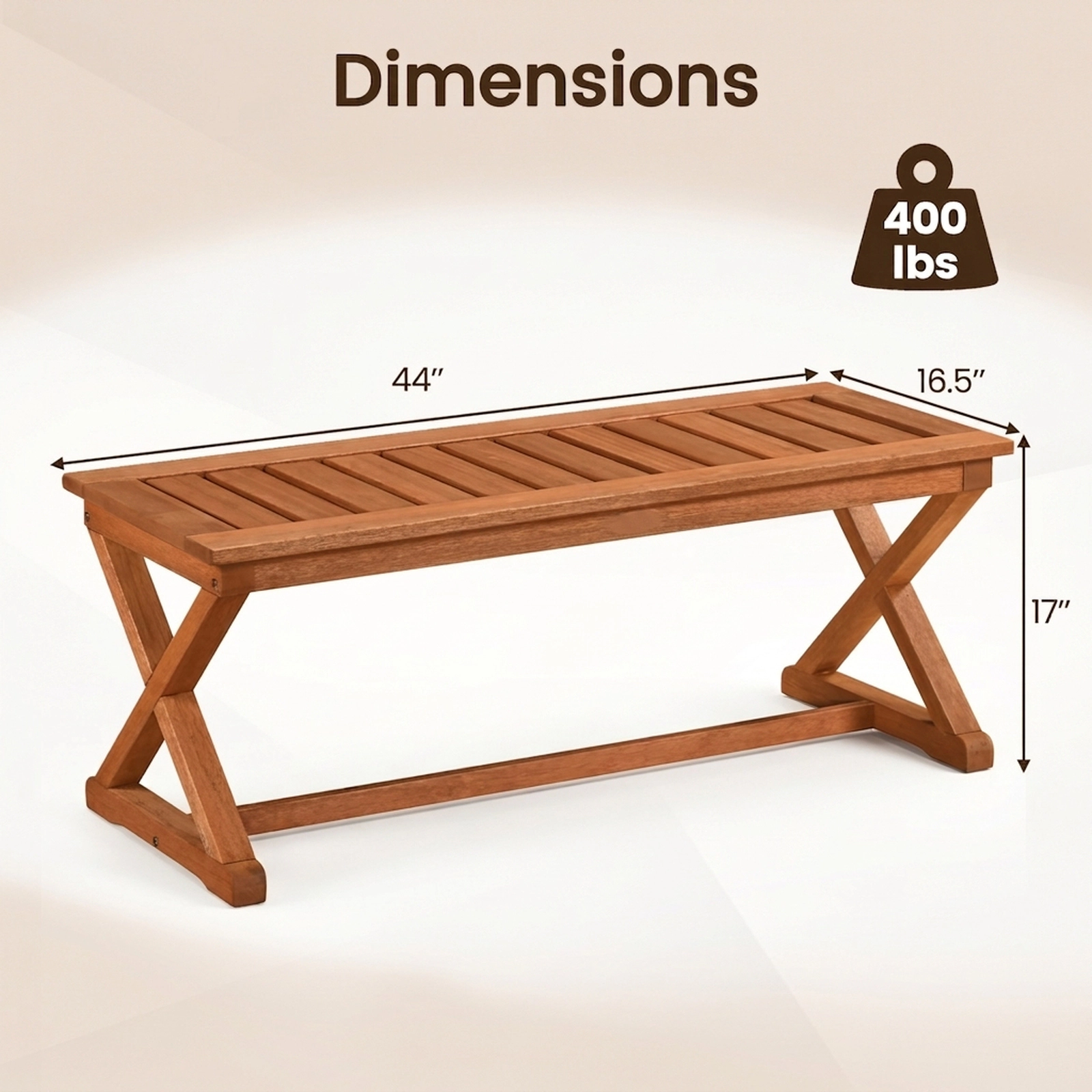 SUGIFT 44-In Teak-Finish Outdoor Wood Bench, 2-Person, 440-Lb Capacity