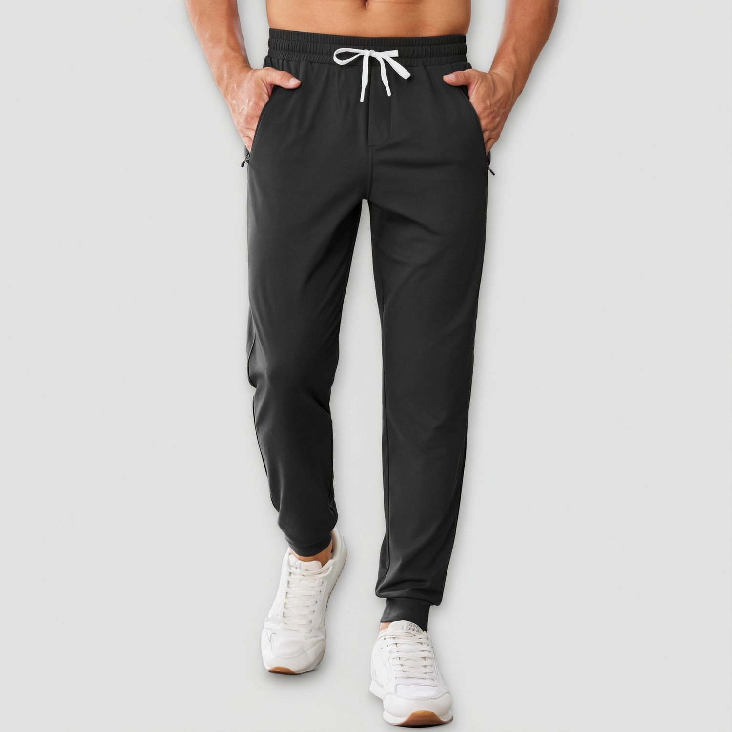 Pinspark Mens Light Gray Jogger Pants Solid Drawstring Zip Pockets Casual Sweatpants