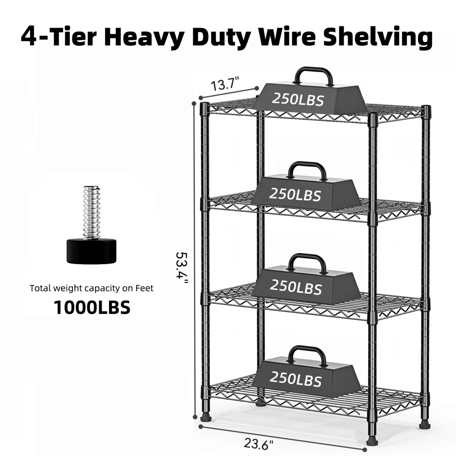 Flynama 4 Tier Heavy Duty Black Steel Shelving 1000 LBS 53.4 in H x 23.6 in W x 13.7 in D for Home