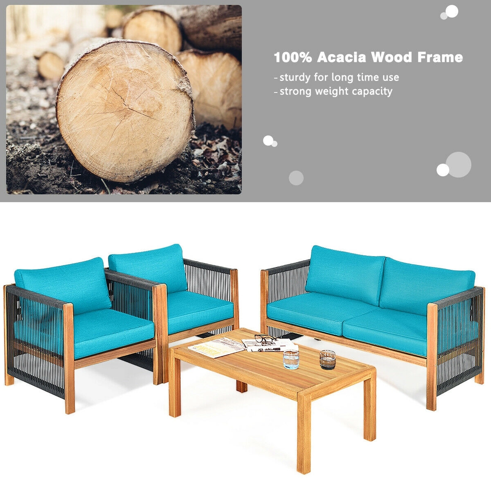 SUGIFT 4-Piece Turquoise Acacia Wood Patio Sofa Set with Loveseat, 2 Chairs and Table