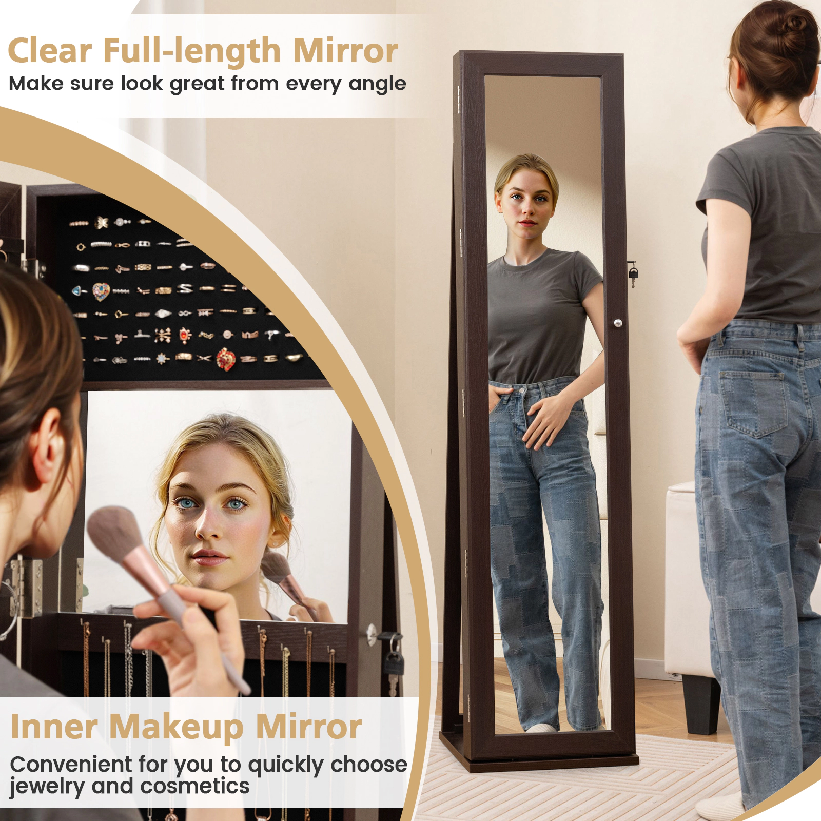 SUGIFT Standing Lockable Jewelry Storage Organizer with Full-Length Mirror 62-in Tall 14.5 x 15 in Base Coffee Brown