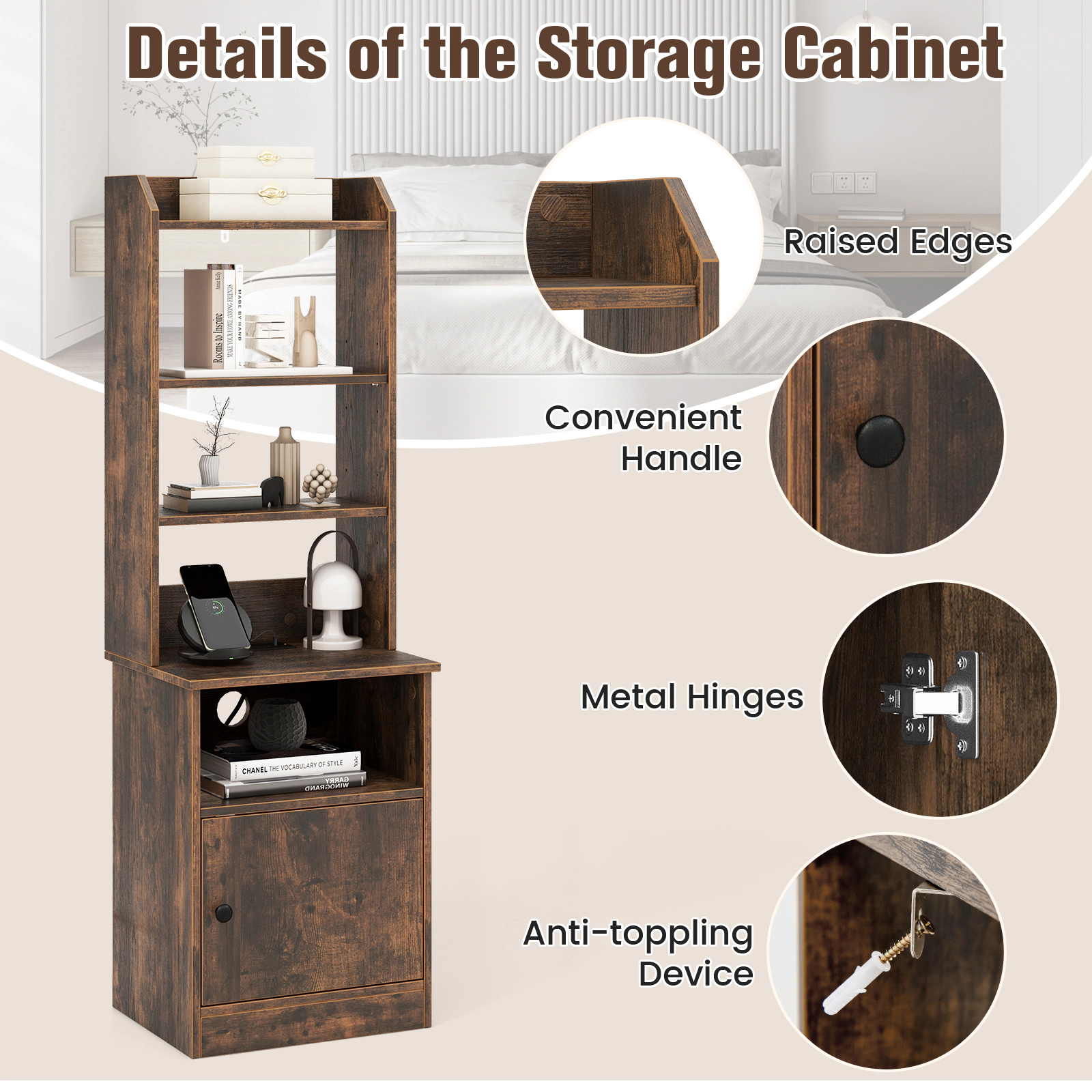 SUGIFT 6-Tier Rustic Brown 56-in Tall Bookshelf Nightstand with Charging Station 2 USB Ports and Cabinet
