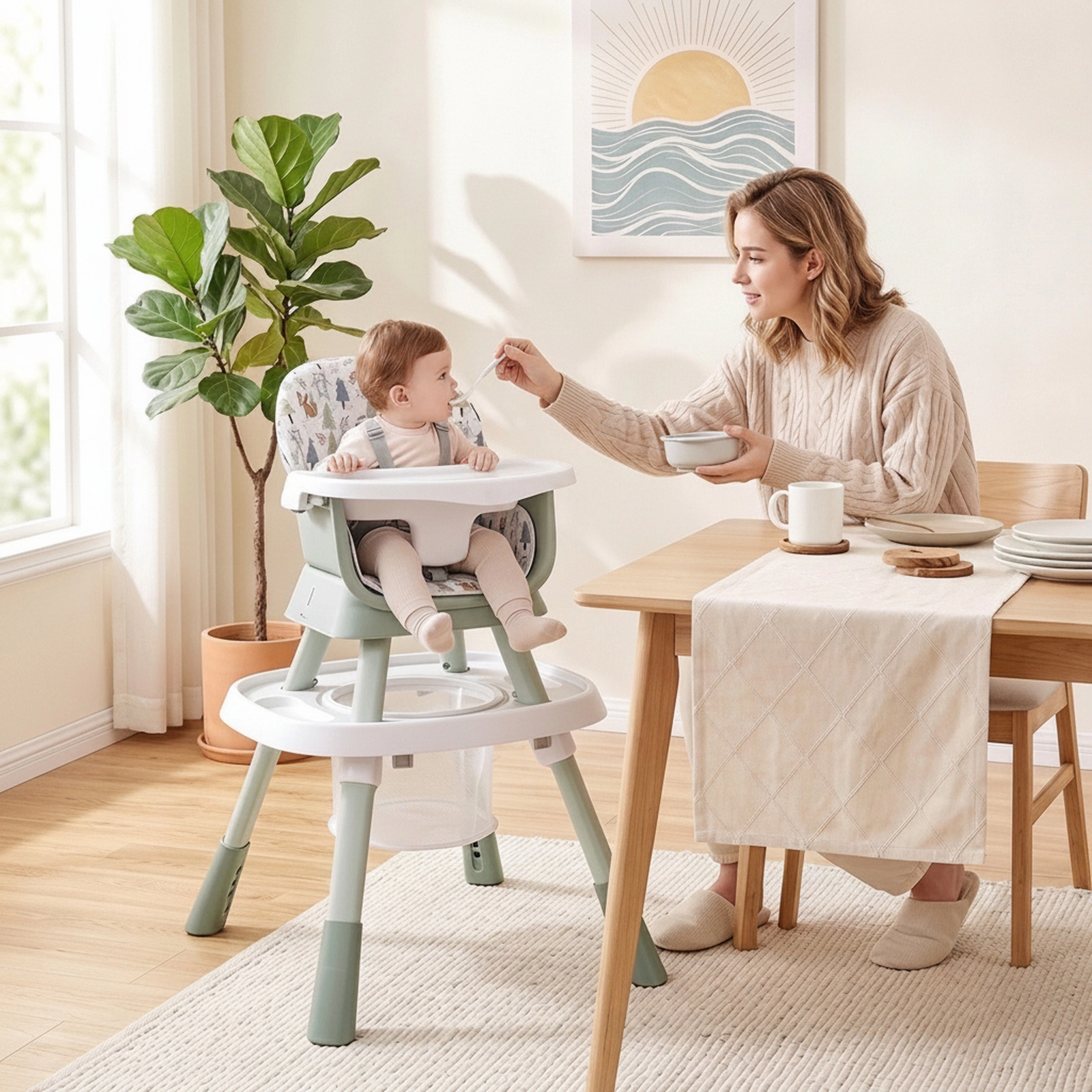Convertible Baby High Chair Strap-On Booster Seat Floor Chair Mode Waterproof Cushion for 6 Months to 3 Years