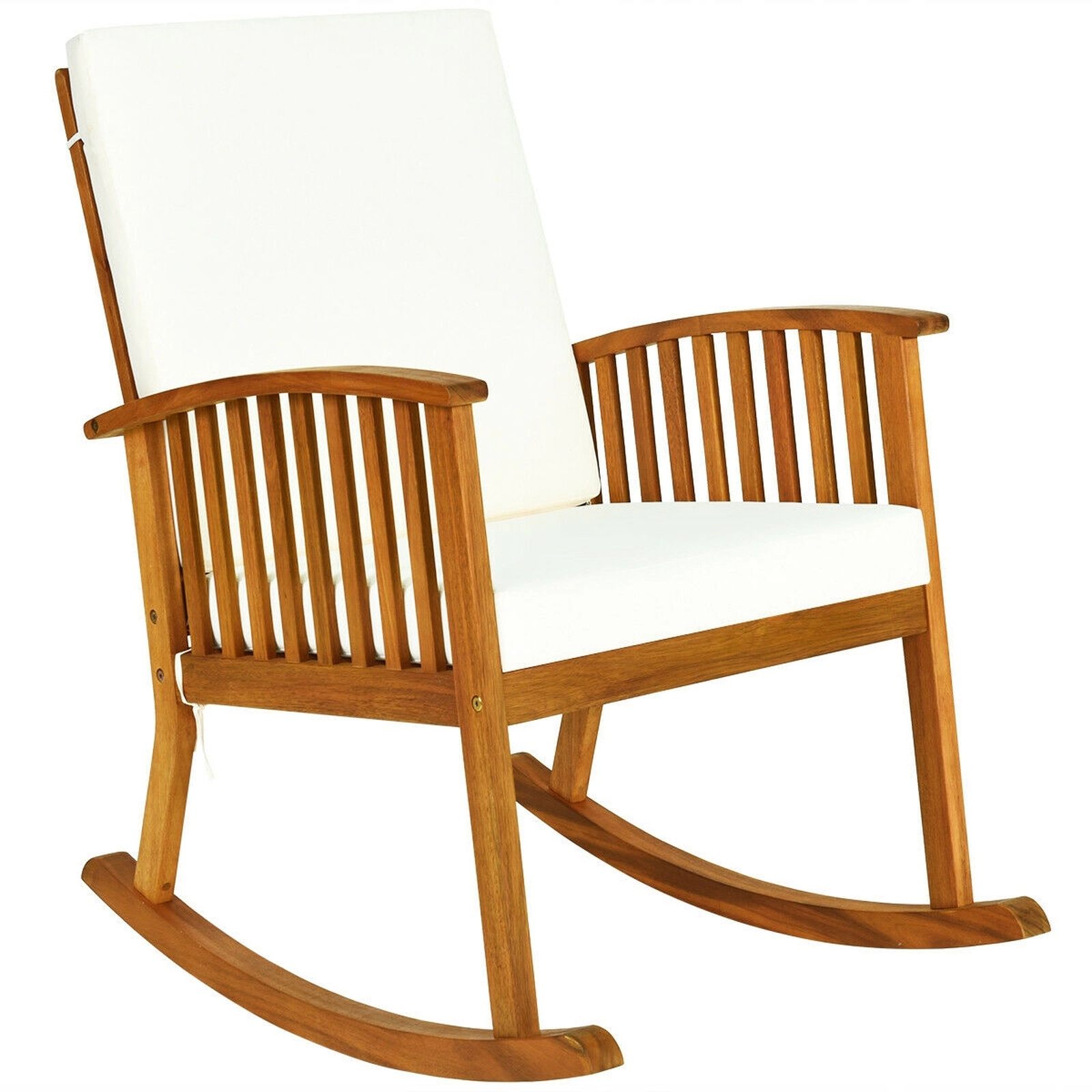 SUGIFT Acacia Wood Outdoor Rocking Chair, Teak Finish, Washable Cushions