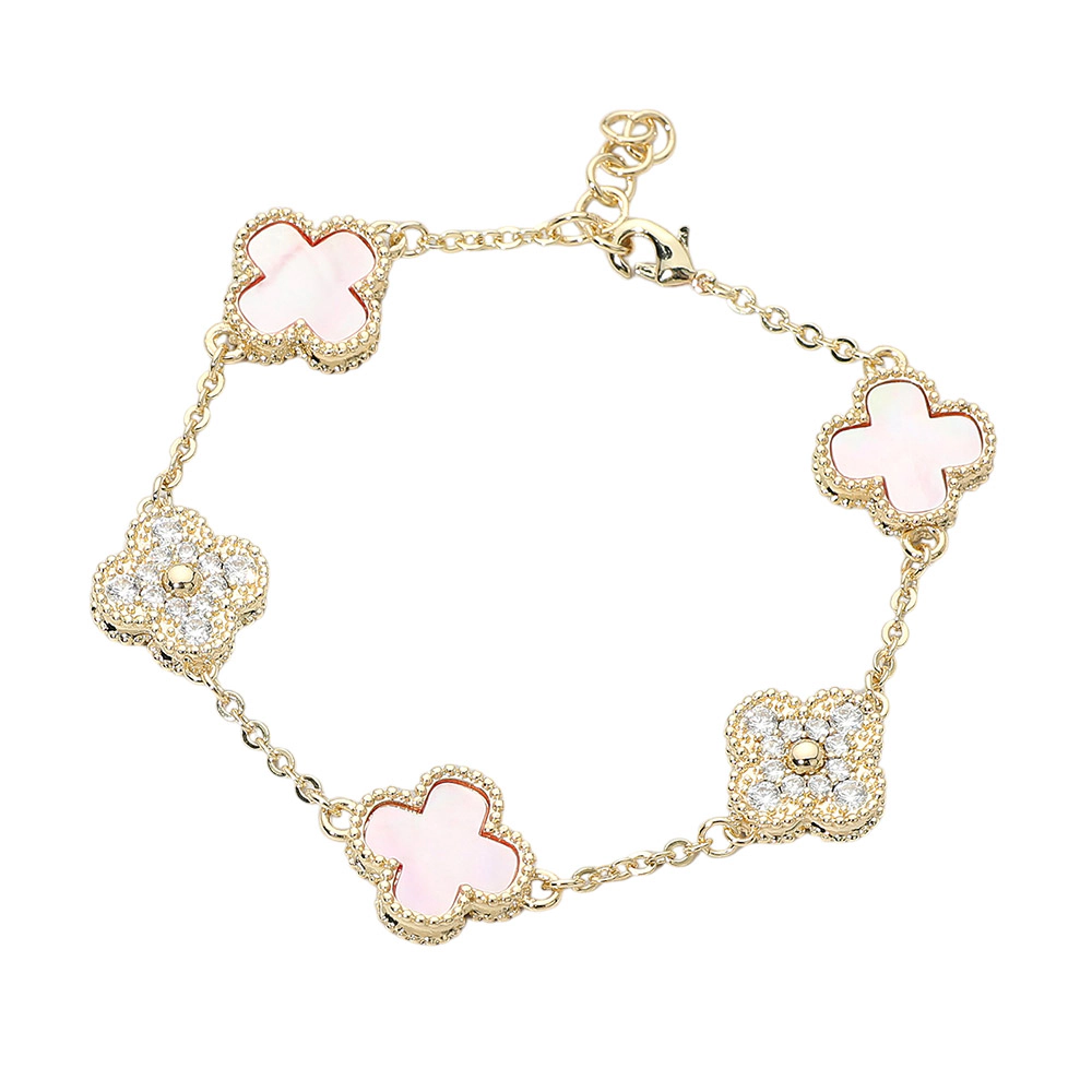 FASHNZFAB 14K Gold Plated CZ Quatrefoil Charm Link Station Bracelet