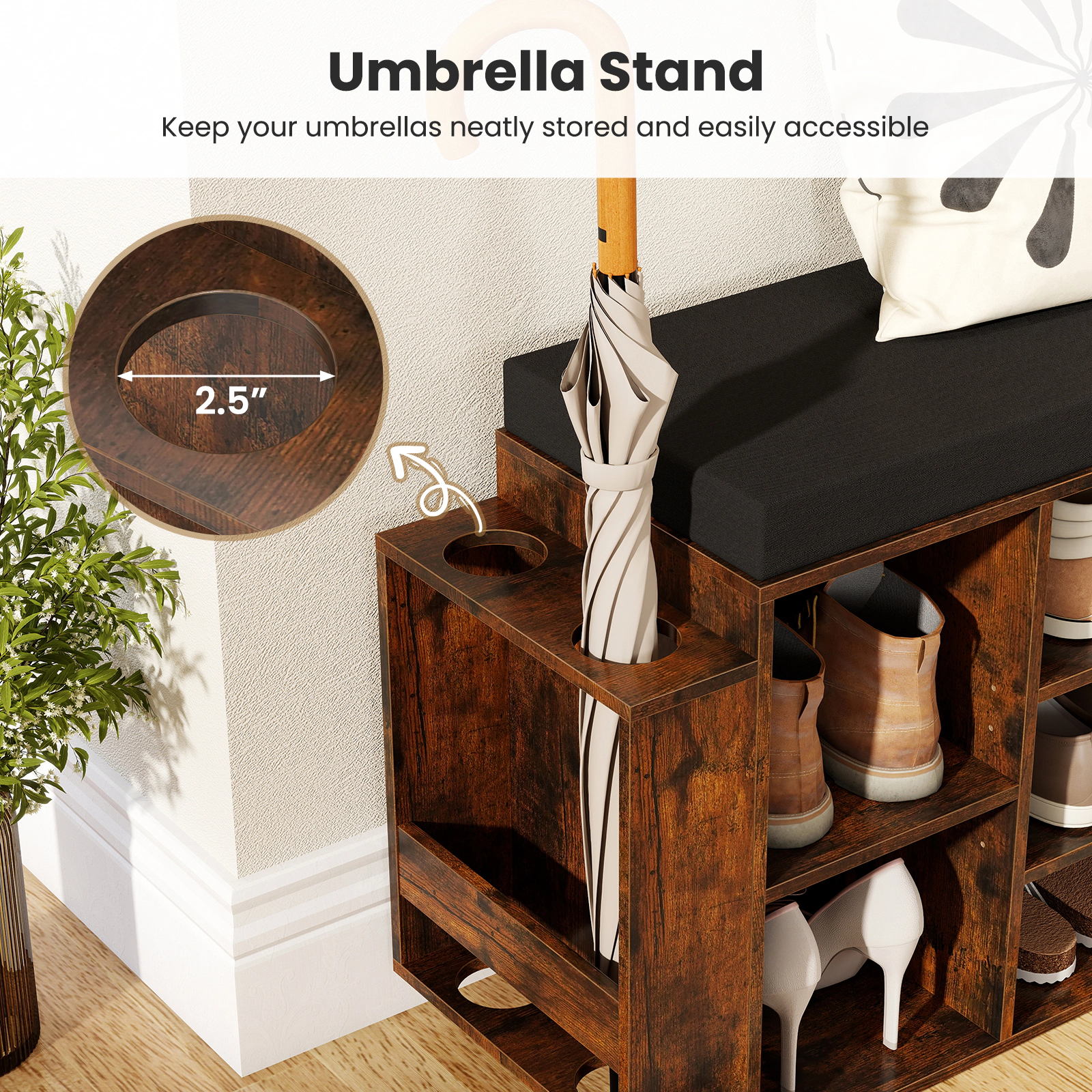 SUGIFT 10-Cubby Shoe Storage Bench with Umbrella Stand 165-lb Seating Capacity Rustic Brown/Black