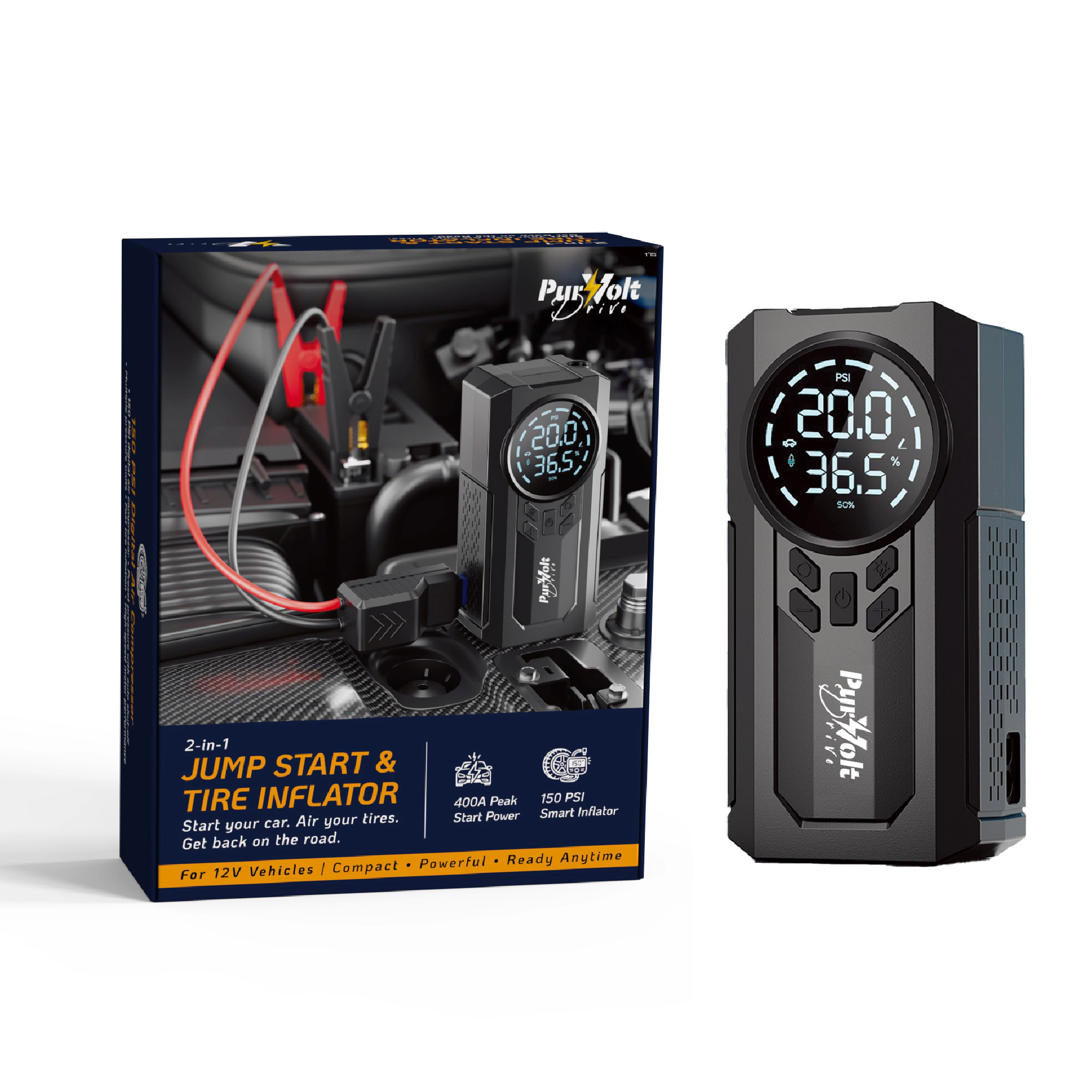 Purvolt Unisex Portable 2-in-1 Car Jump Starter & Tire Inflator with 400A Battery Booster & 150 PSI Air Compressor