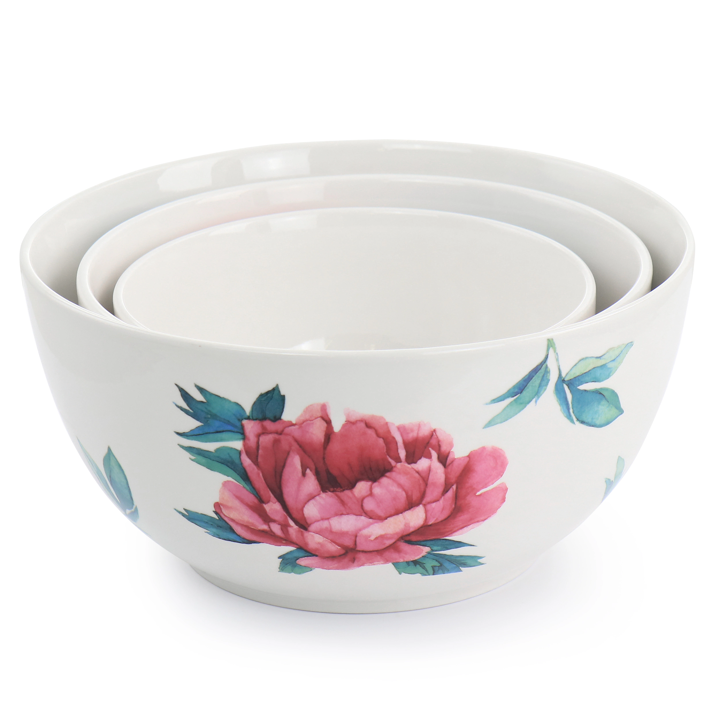 Martha Stewart 3 Piece Fine Ceramic Floral Bowl Set in White