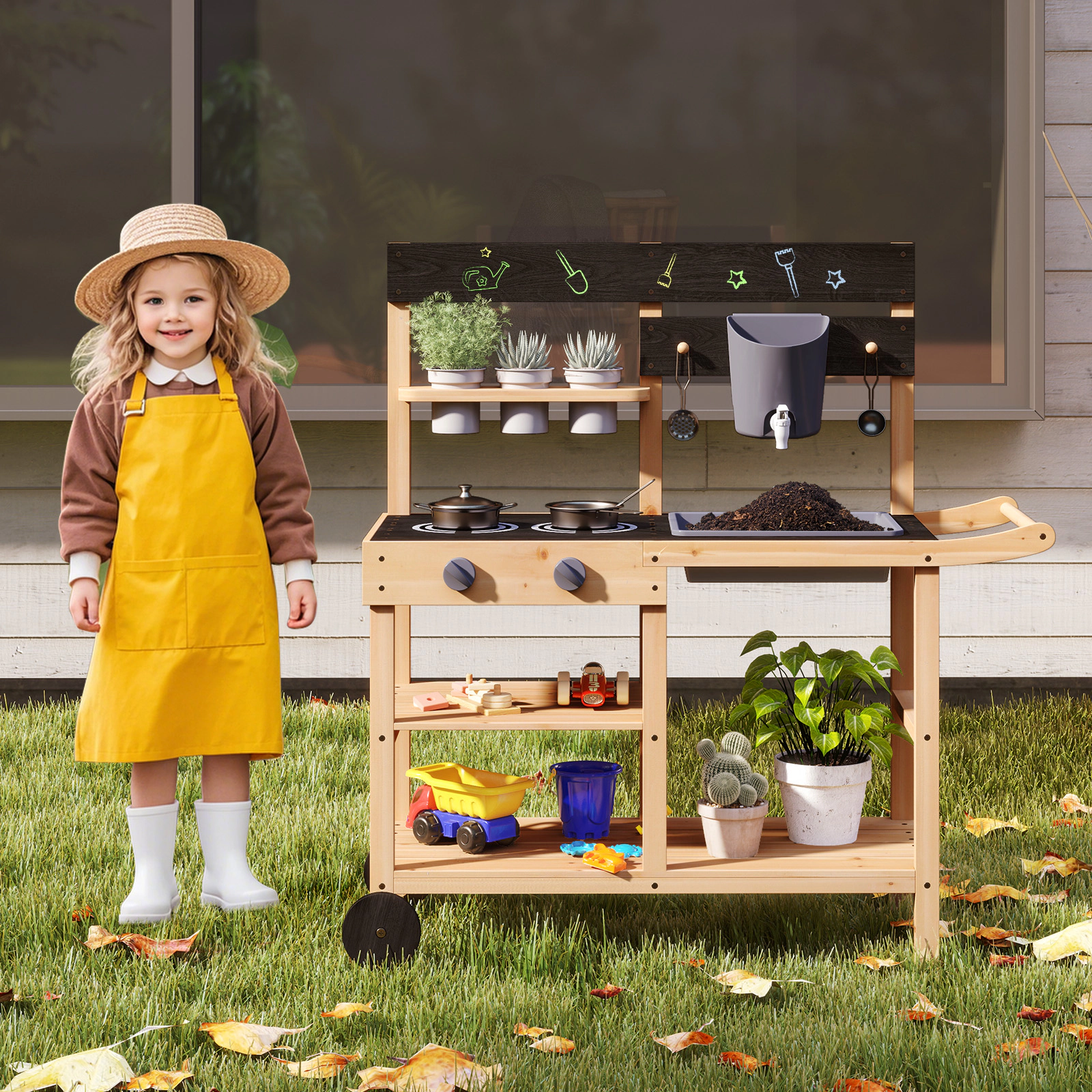 SUGIFT Natural Blackboard Planting Pots and Wheels Outdoor Kids Fir Wood Play Kitchen