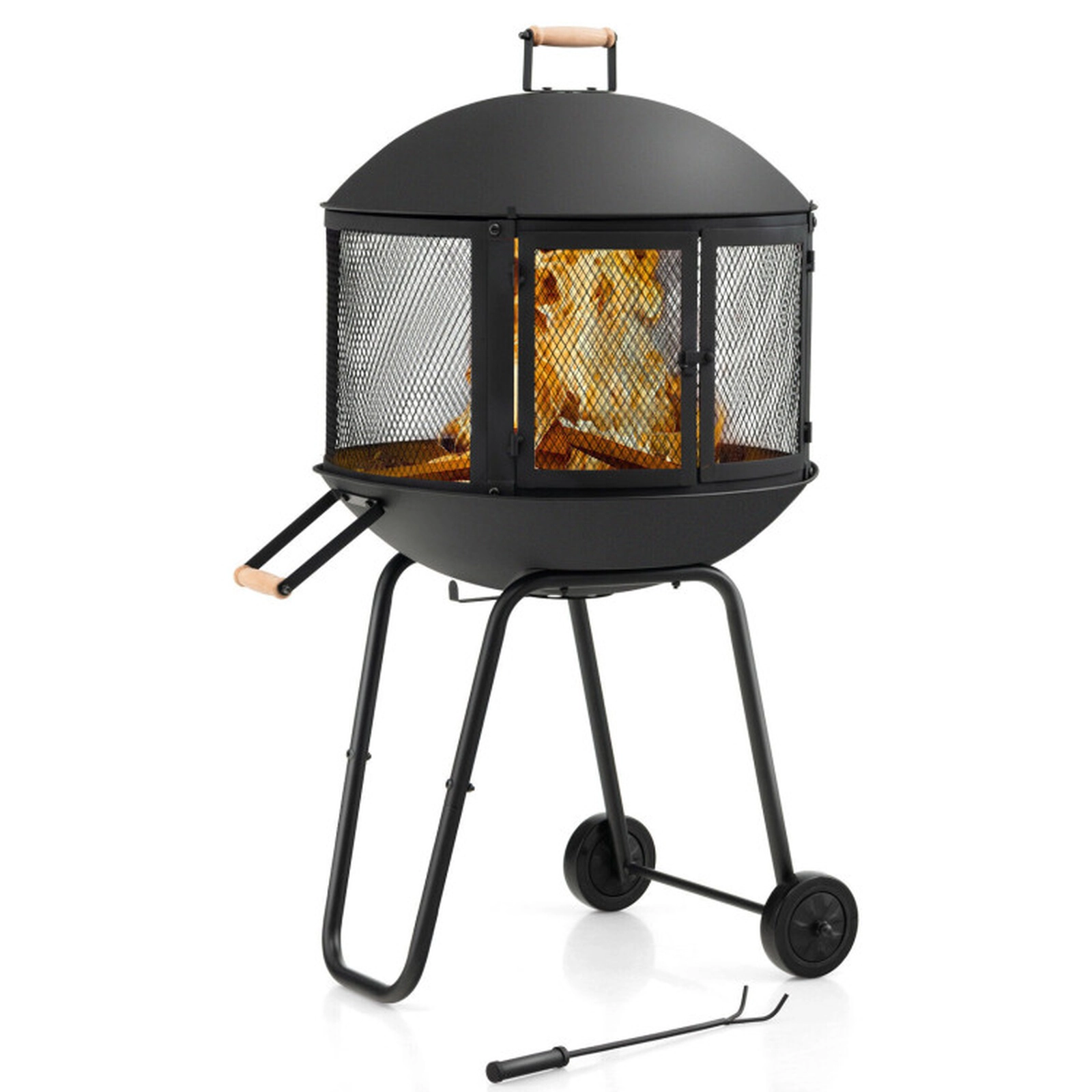 SUGIFT Portable Black Rolling Steel Fire Pit with Log Grate and Mesh Spark Cover 27-in W 20-in D 42.5-in H