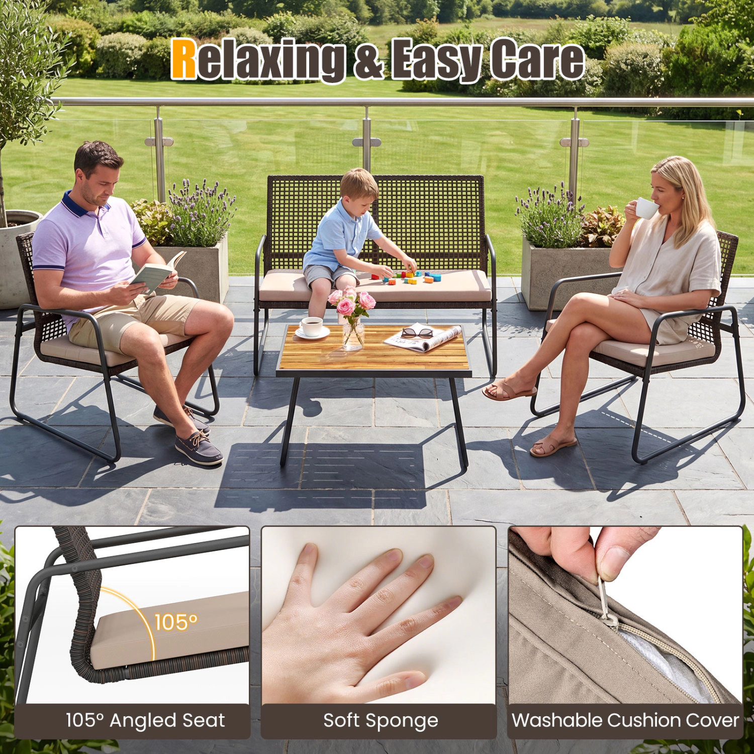 Hivvago 8 Pieces Patio Furniture Set With Acacia Wood Coffee Table And Zippered Cushions