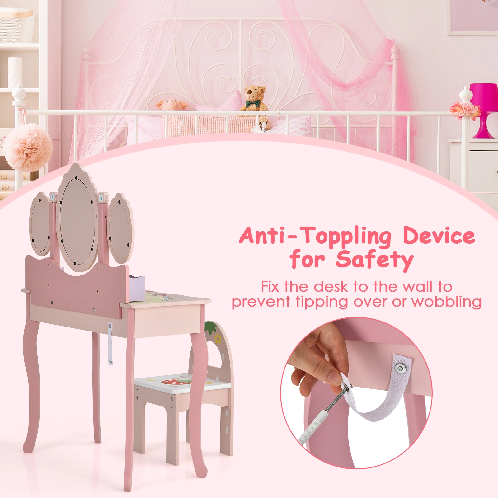 SUGIFT Kids Vanity Princess Makeup Dressing Table and Chair Set with Tri-fold Mirror 44-lb Table 88-lb Chair Capacity