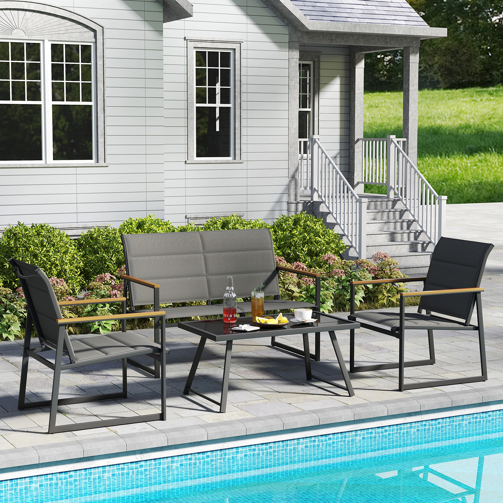 SUGIFT 4-Piece Gray Outdoor Patio Conversation Set with Loveseat, 2 Armchairs and Glass-Top Table