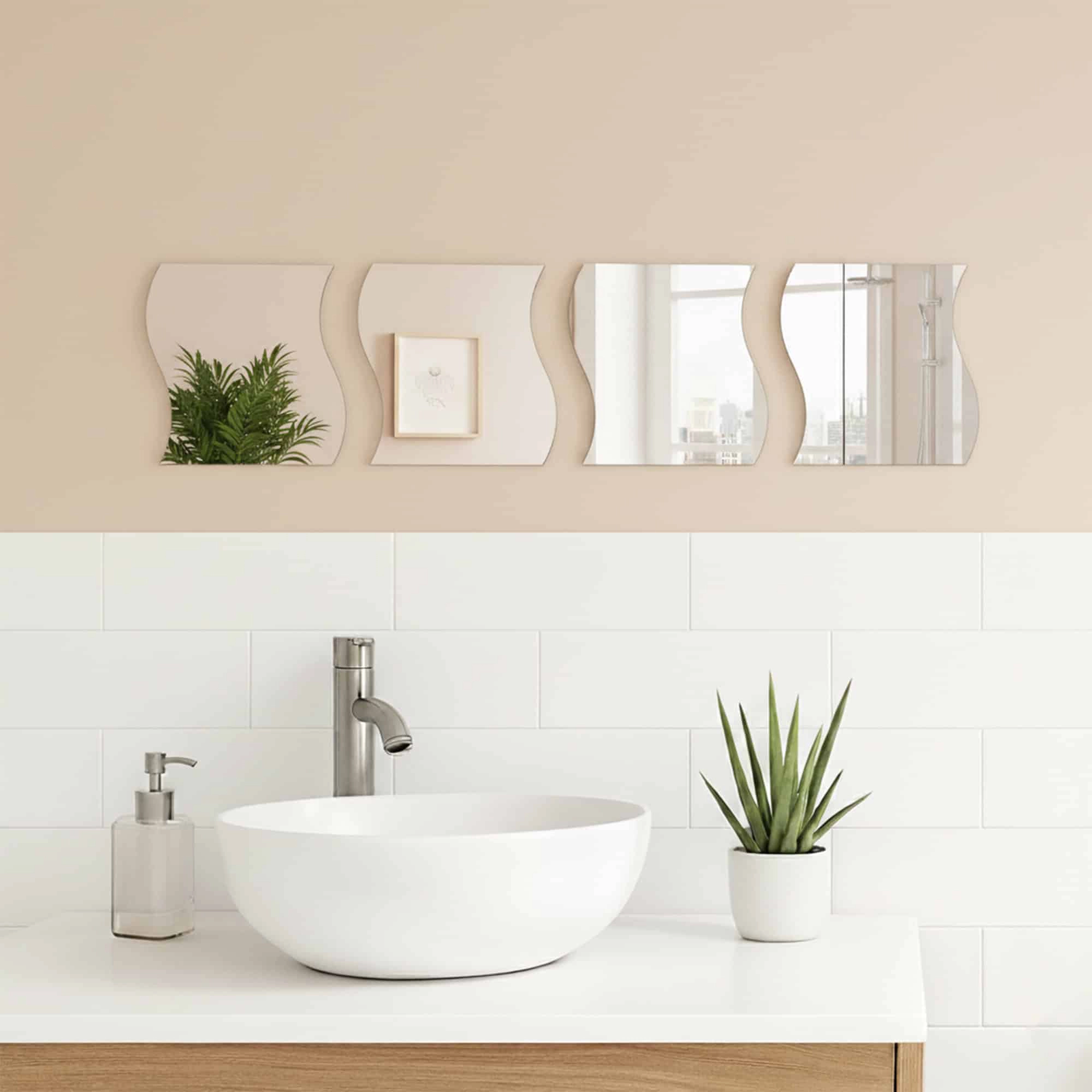 Evideco French Home Goods Set of 4 Frameless Wave Glass Wall Mirrors, Self-Adhesive Small Silver Mirrors