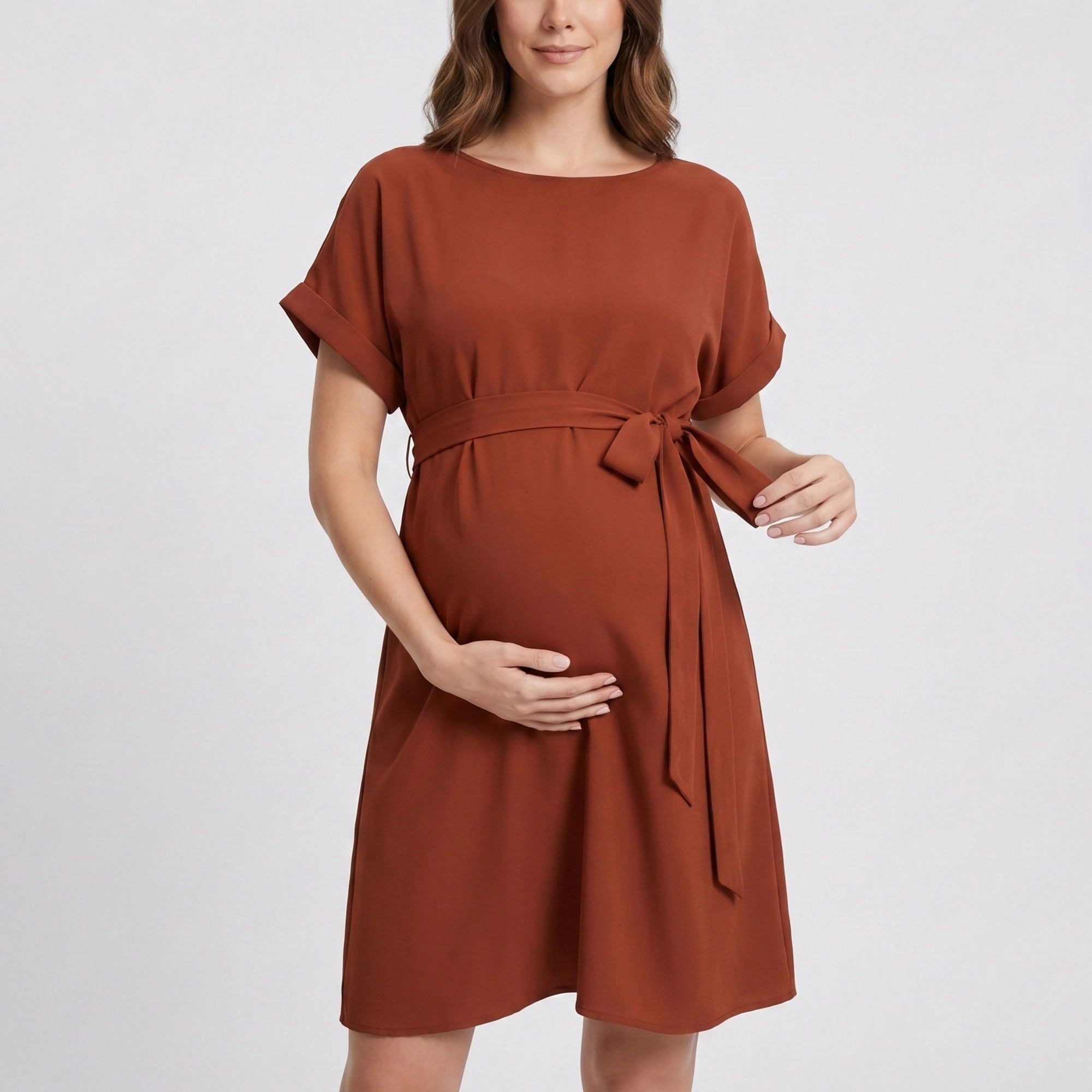 Anna-Kaci Women's Maternity Short Sleeve Tie Waist Relaxed A Line Fit Dress