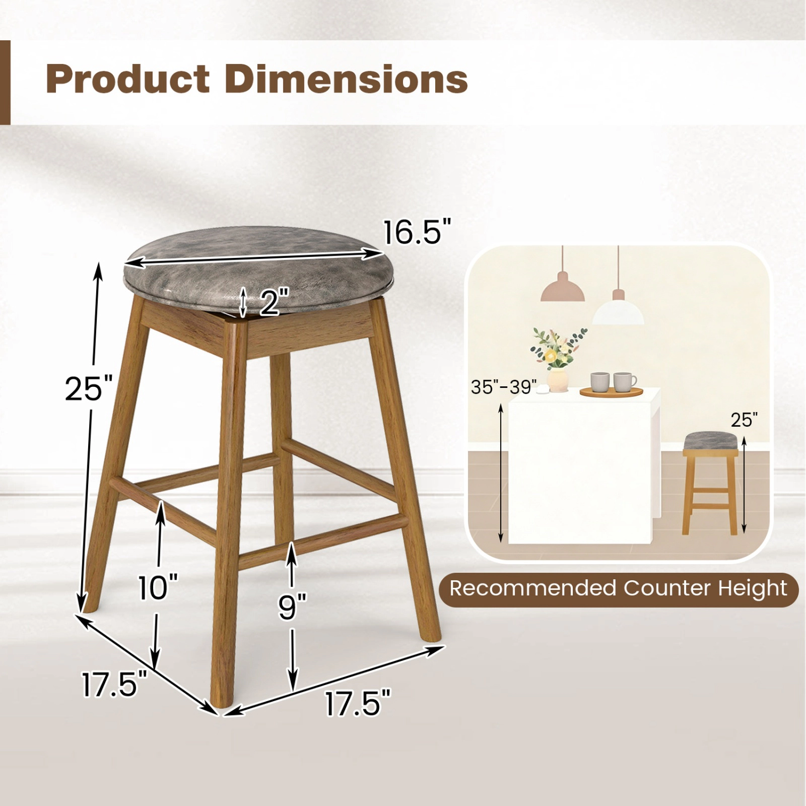 SUGIFT 360° Swivel Counter Height Bar Stools with Footrests 290-Lb Capacity 25-in Seat Height Natural and Gray Set of 2