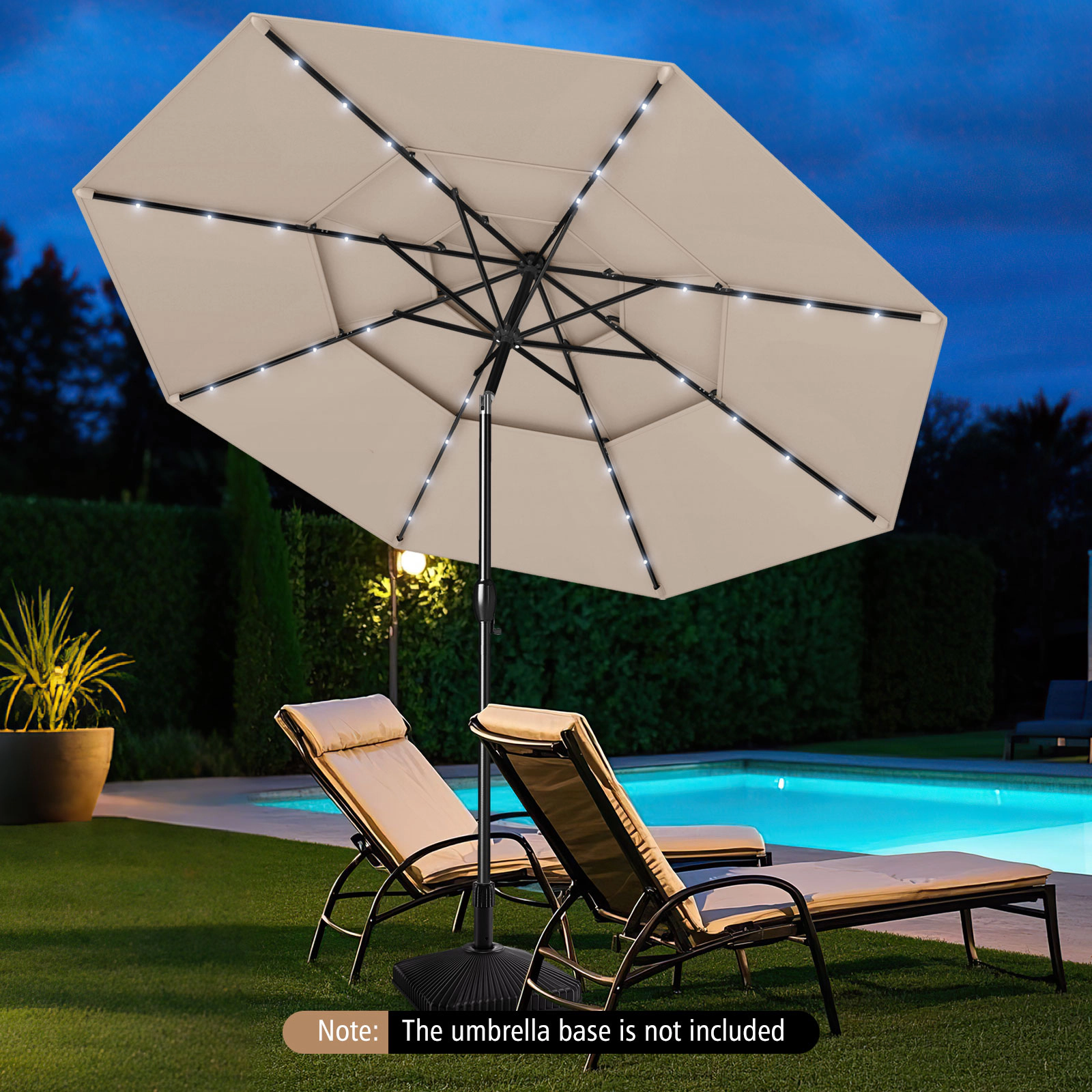 SUGIFT 3-Tier Vented Solar Patio Umbrella with 32 LED Lights 10.3 x 8.2 in Canopy 10-ft Interior Diameter Beige